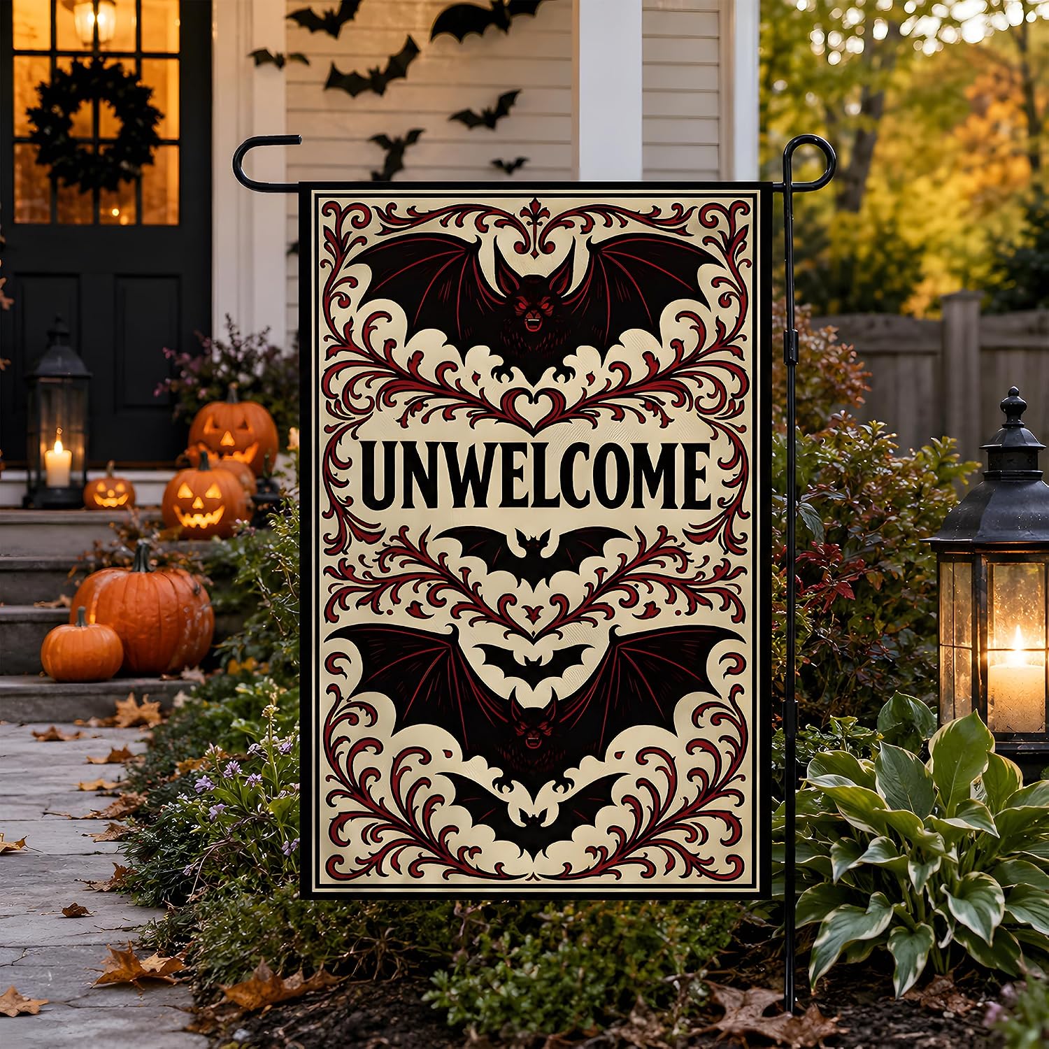 Detalle de MDDRUIQI Unwelcome Gothic Bat Halloween Garden Flag, Double-Sided Polyester