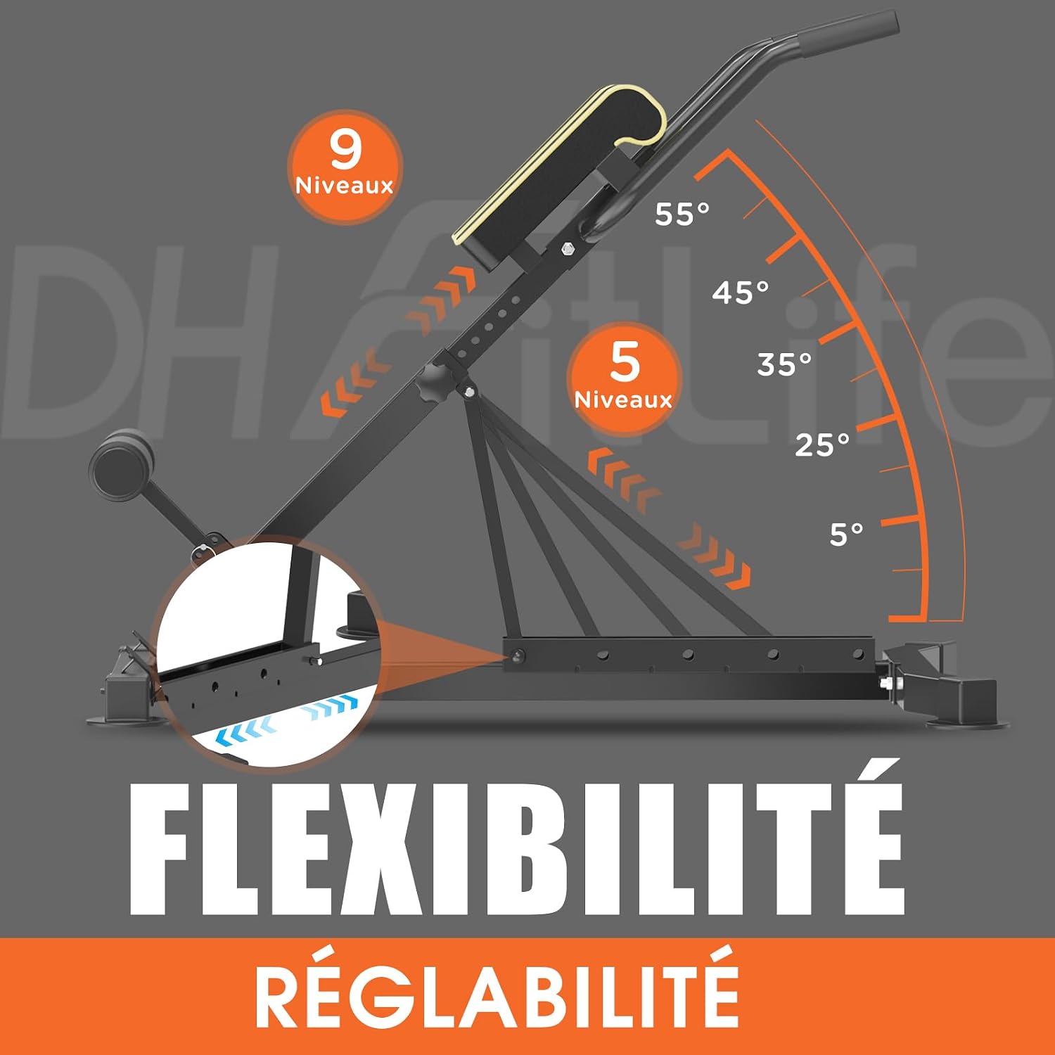 Detalle 2 de DH FitLife Chaise romaine 5-en-1 pliable pour hyperextensions, dips et abdominaux (jusqu’à 150 kg)