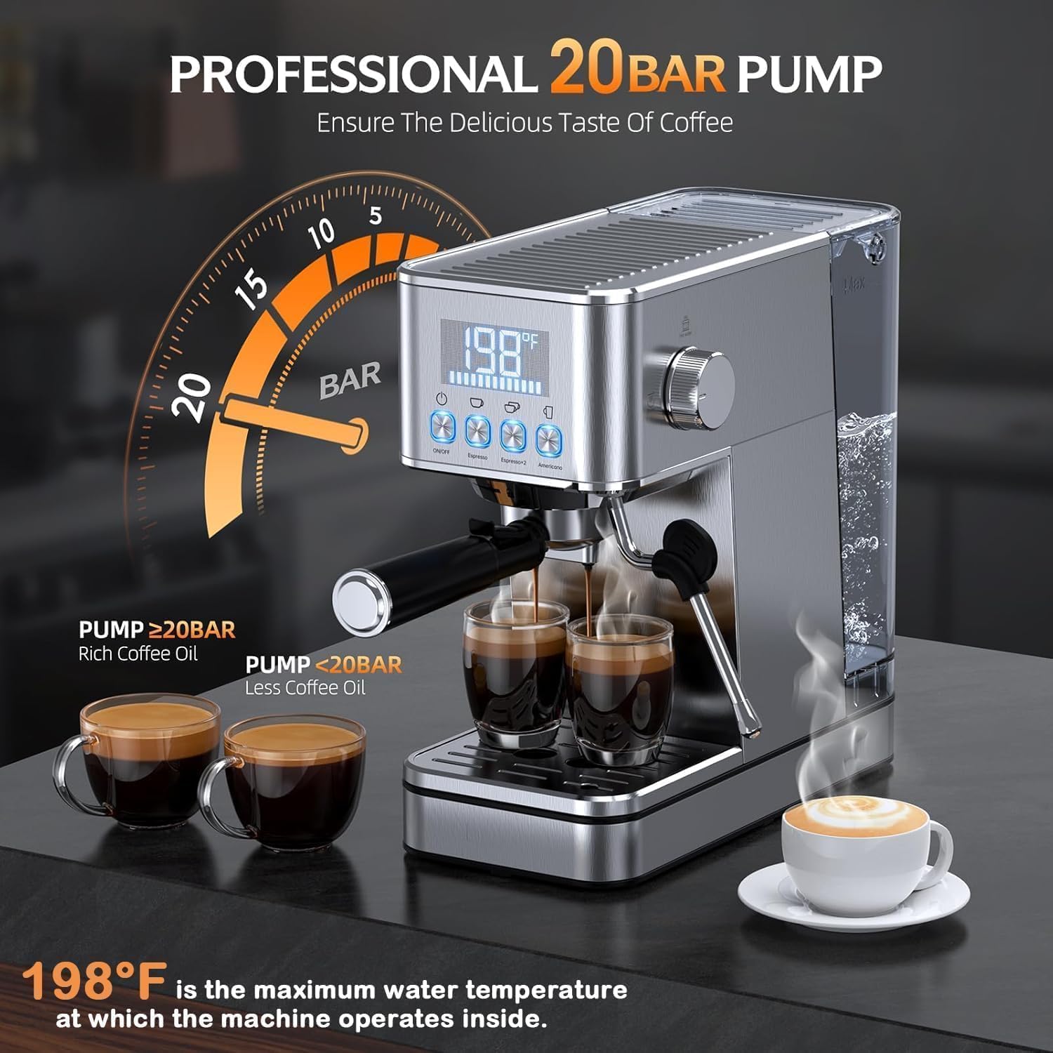 Detalle de Parvusli EM626 Espresso Machine, 20-Bar Pump, Cold Brew Mode and PID Control