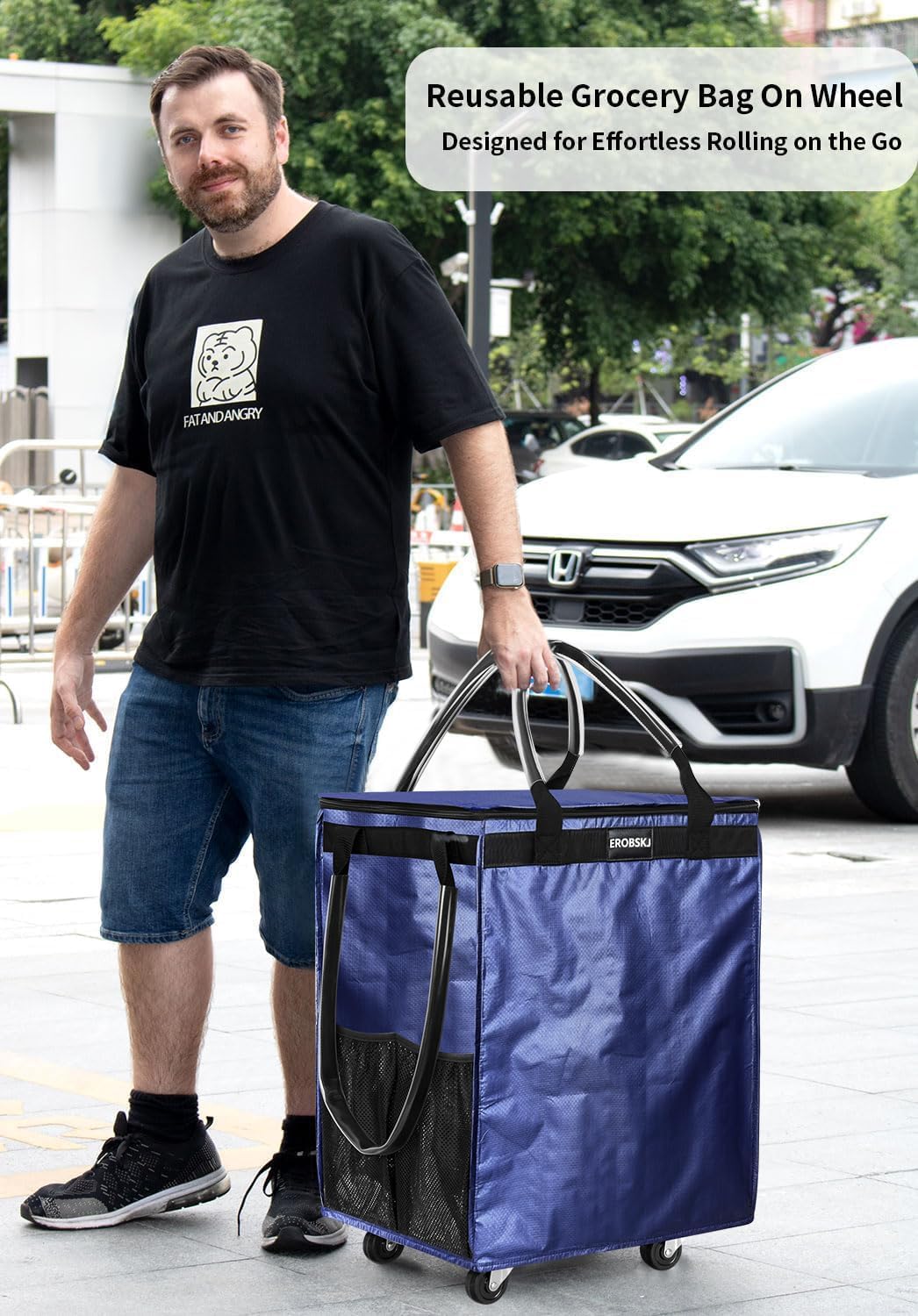 Thumbnail 2 de Medium Navy Reusable Grocery Bag on Wheels, 70L Foldable Rolling Tote with 4 Heavy-Duty Wheels