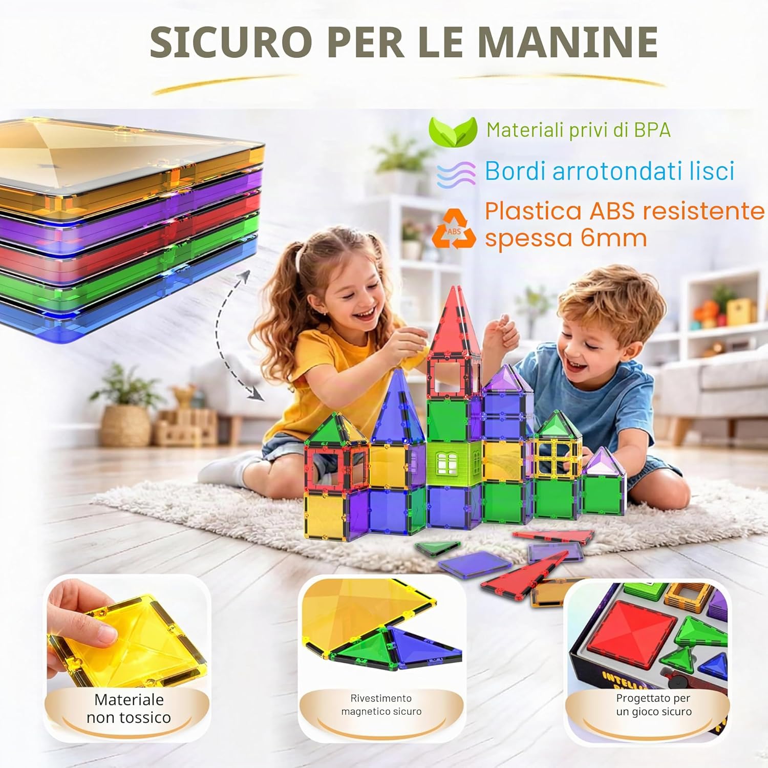 Detalle de Gioco di blocchi di costruzione magnetici STEM Montessori – 57 pezzi