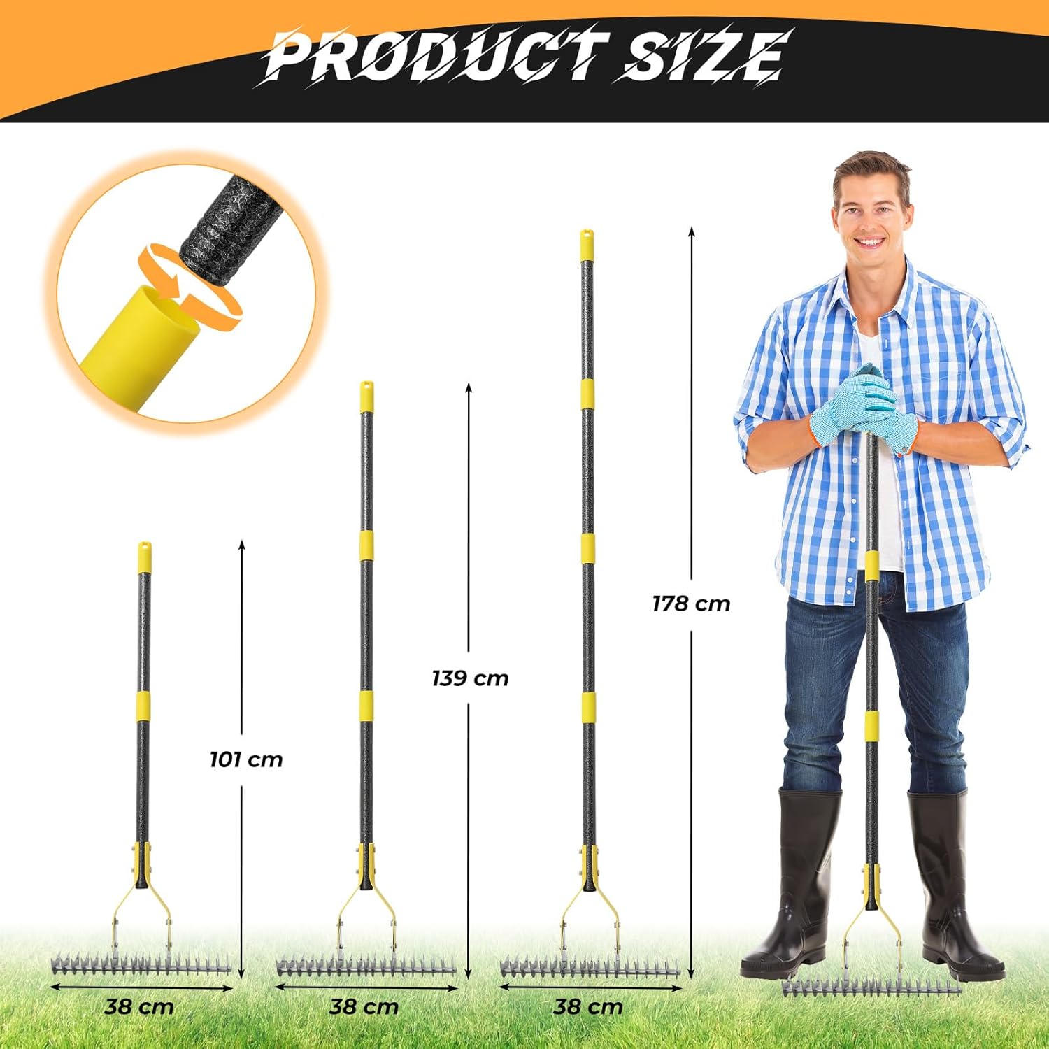 Thumbnail 3 de Thatch Rake 177 cm Heavy Duty Dethatcher Rake with Adjustable Length & Angle (19 Teeth, Double-Teeth Design)