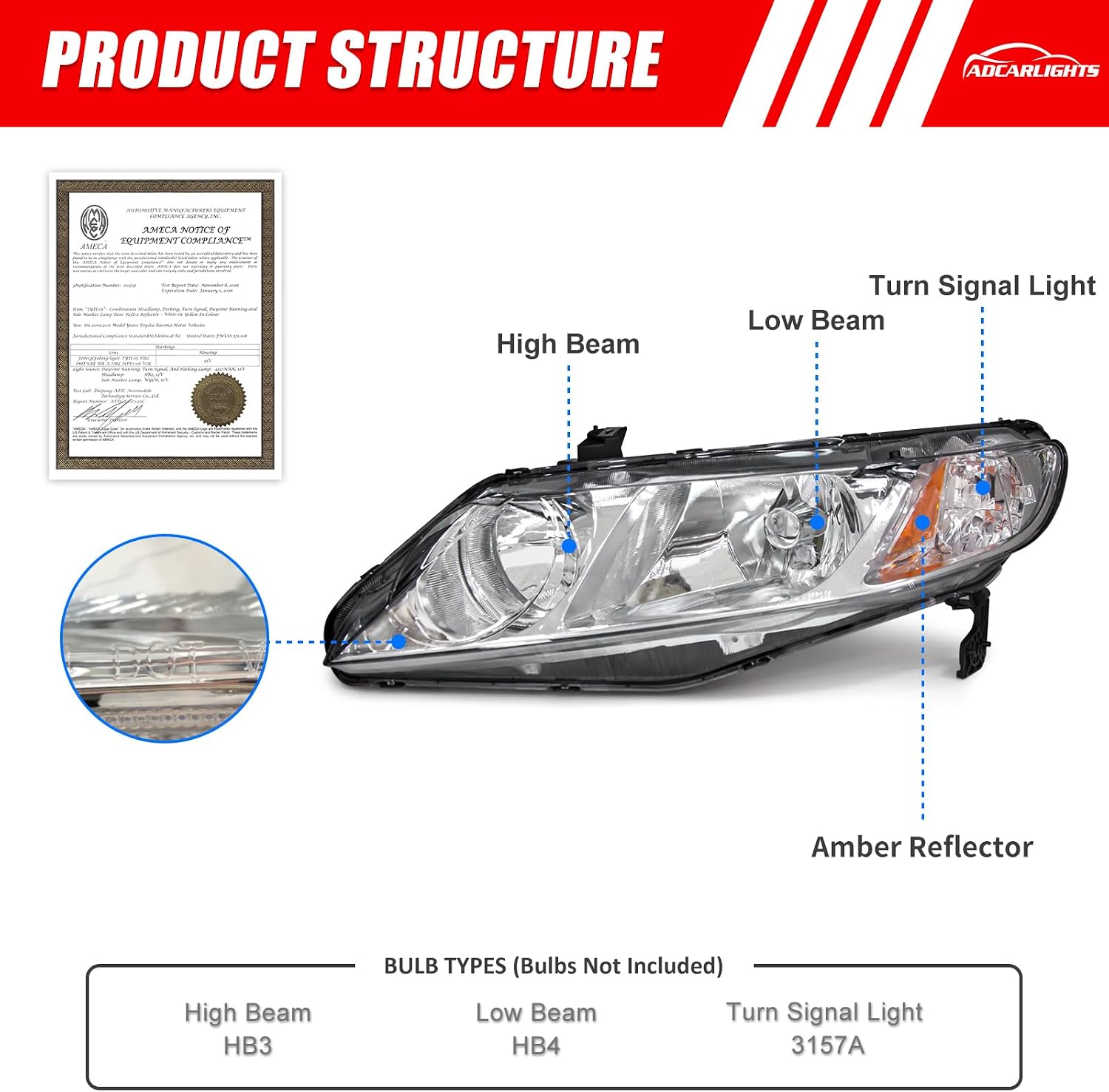 Thumbnail 2 de ADCARLIGHTS Headlight Assembly for 2006-2011 Honda Civic 4-Door (Chrome Housing, Amber Reflector) — W/O Bulbs