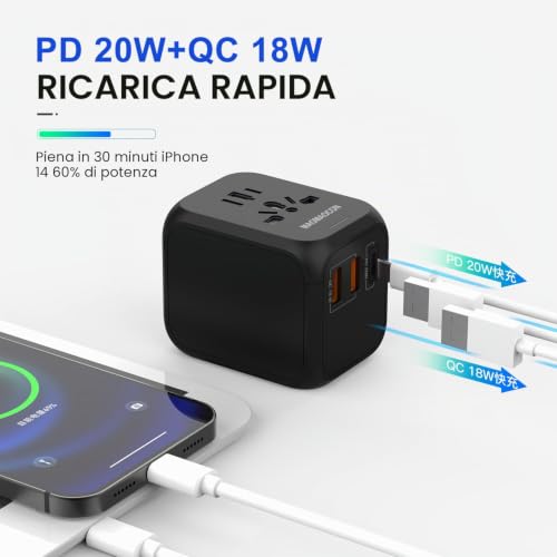 Detalle de MAOMAOCON Adattatore da viaggio universale PD20W con 2 USB-A, USB-C e presa AC | Compatibile con Germania, USA, UK, Thailandia, Italia e altro