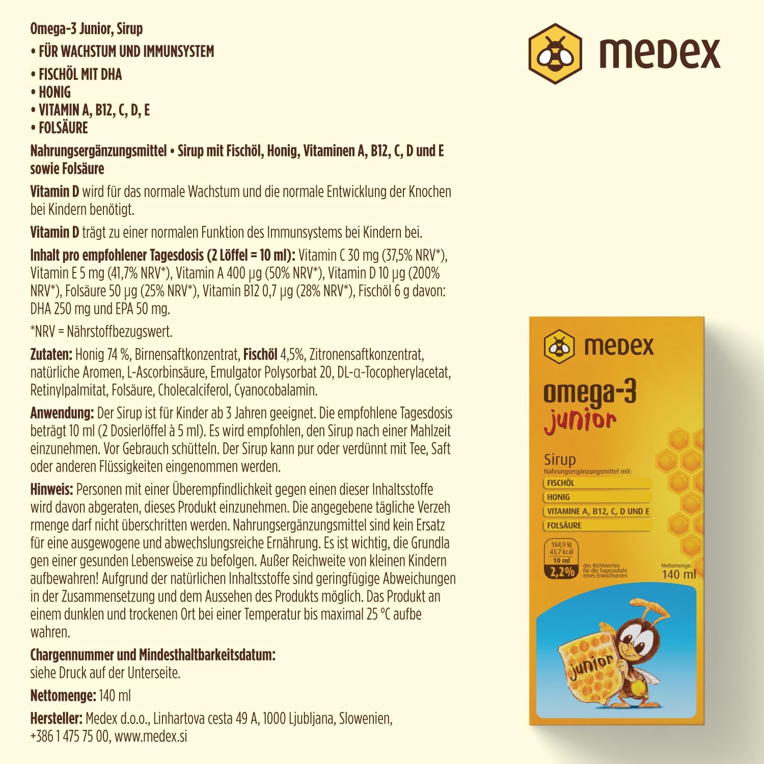 Thumbnail 5 de Medex Omega 3 Kinder Junior Sirup auf Honigbasis – DHA 250 mg, EPA 50 mg, ab 3 Jahren