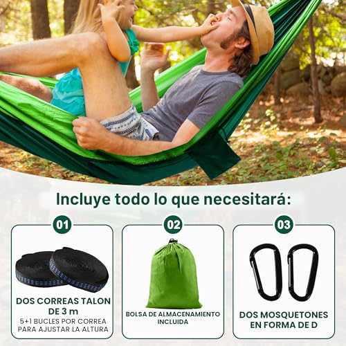 Detalle de Zouway Hamaca de camping al aire libre con correas de árbol y funda integrada (verde oscuro) — soporta hasta 200 kg