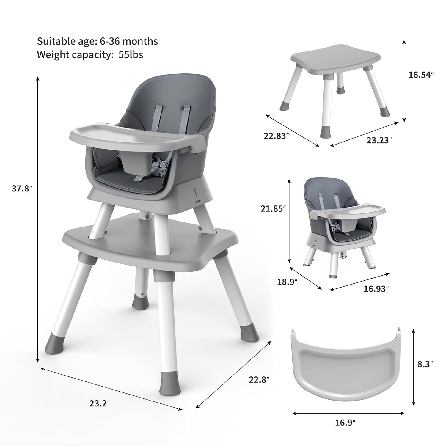 Detalle 2 de MiniKins 7-in-1 Convertible High Chair with Removable Tray, Gray