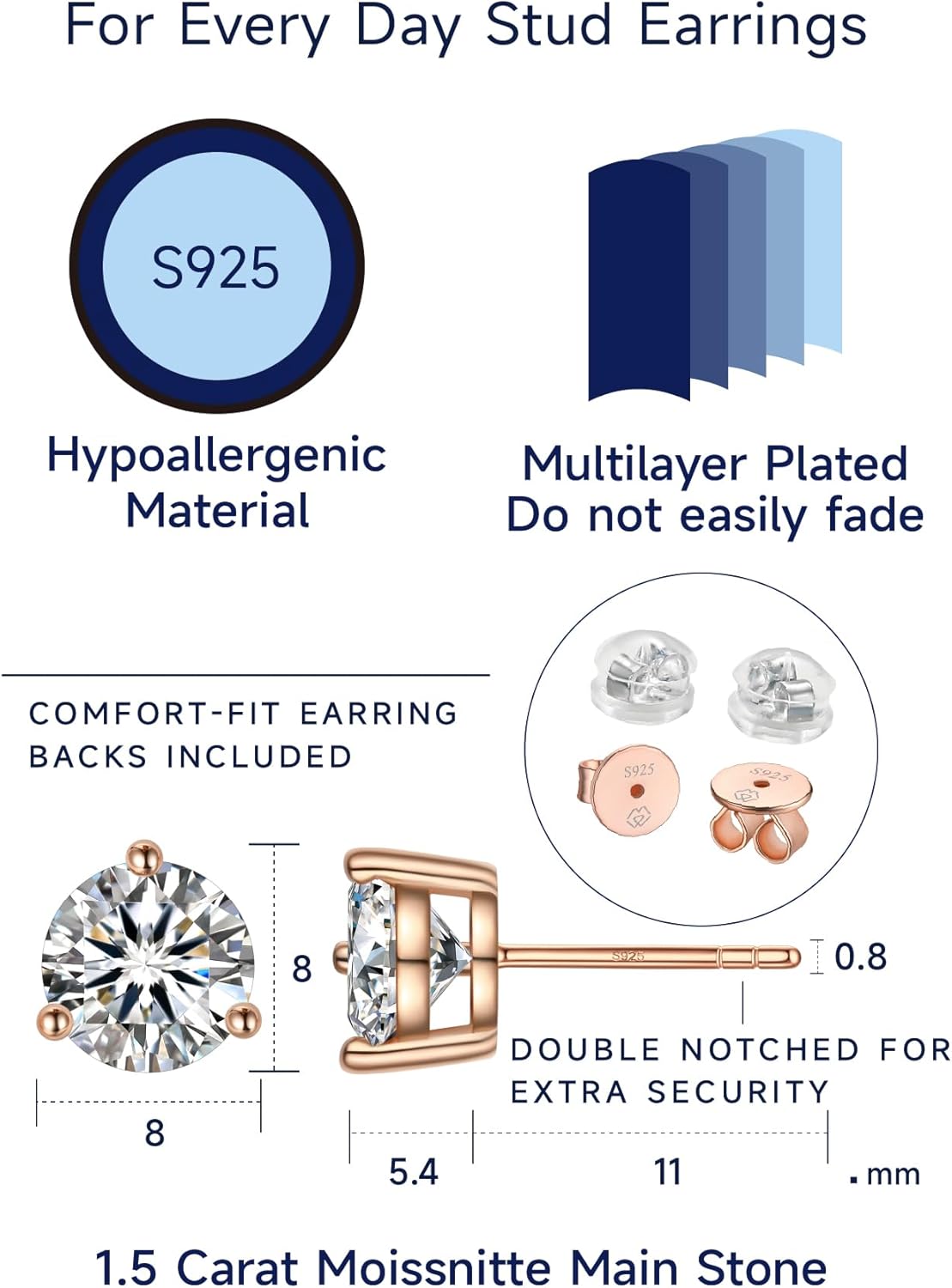 Thumbnail 6 de MomentWish Moissanite Ohrstecker aus 925 Sterlingsilber (Rosegold 585 vergoldet) – Damen-Schmuck