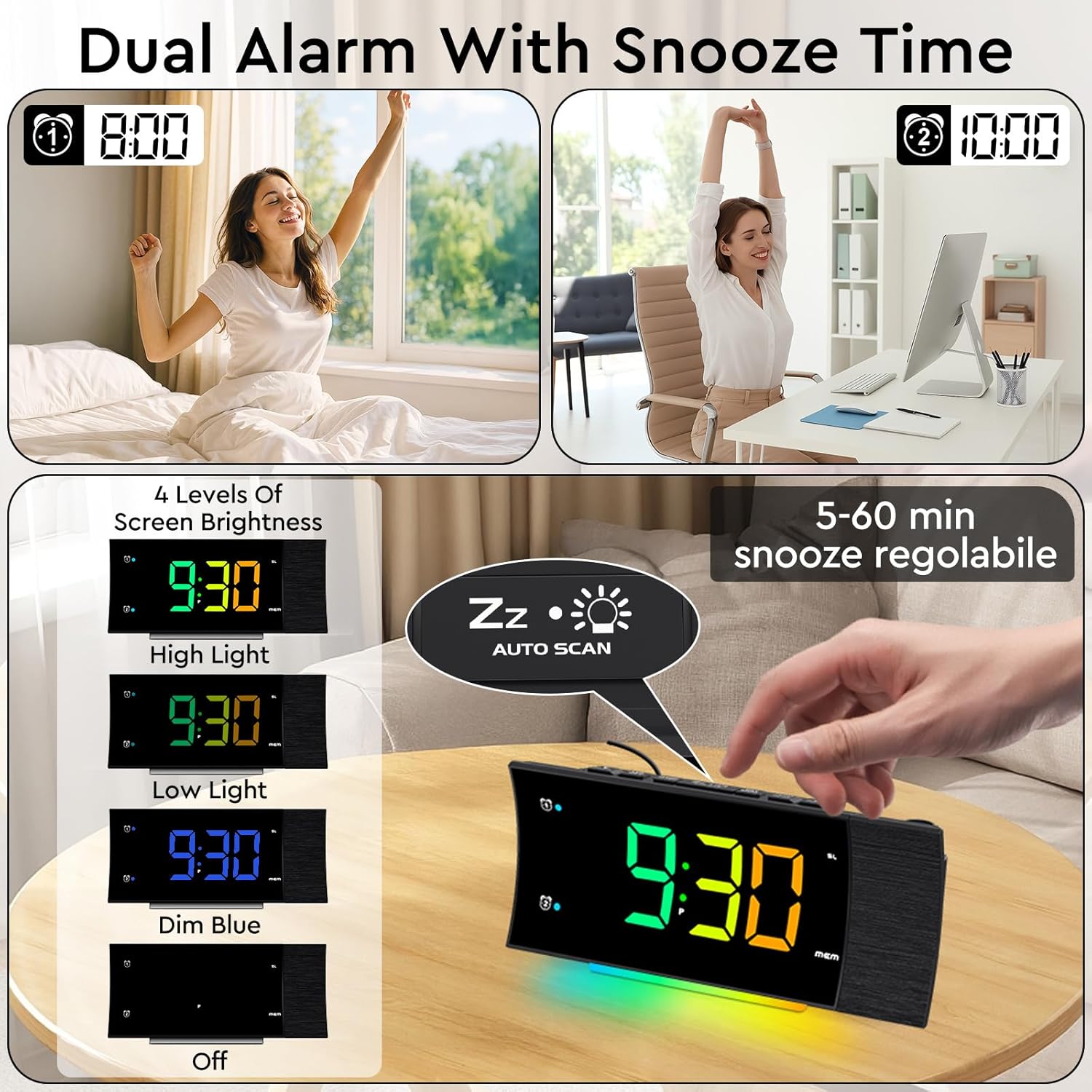 Thumbnail 3 de FCHERP Radio Réveil Projecteur plafond 180° avec radio FM, double alarme et chargeur USB