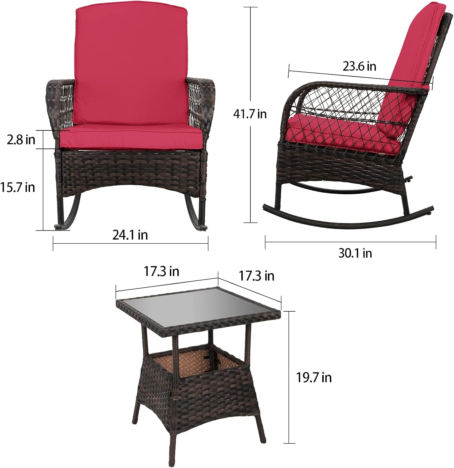 Detalle de LEVELEVE 002 3-Piece Red Rocking Bistro Set with PE Wicker Chairs & Glass Table