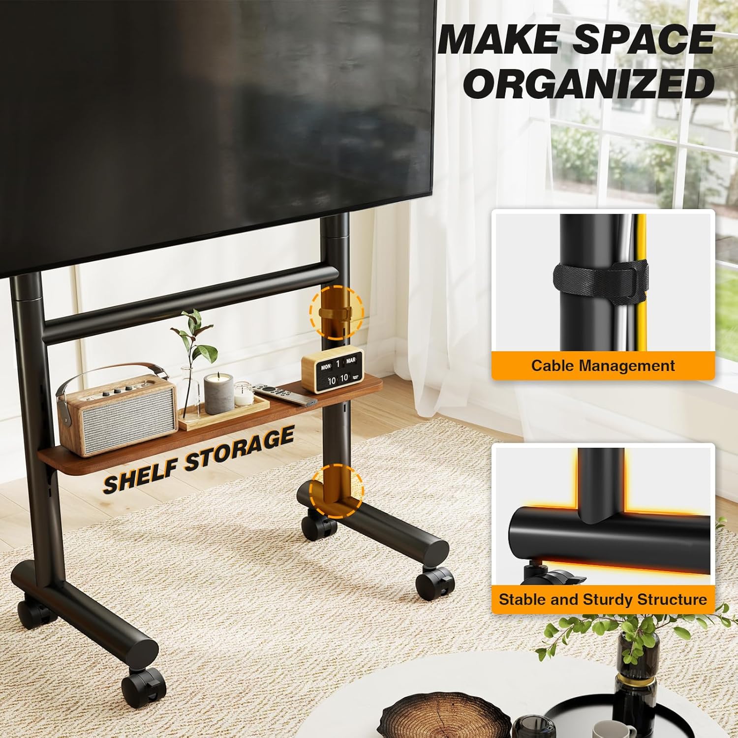 Thumbnail 1 de Support TV mobile 5Rcom sur roulettes (40 à 85 pouces) avec étagère et 60 kg – cadre noir