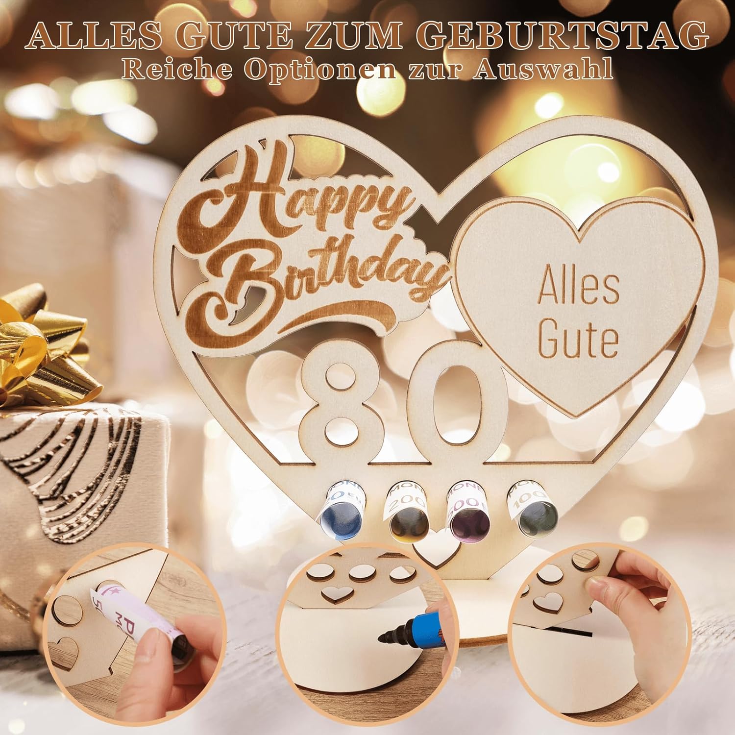 Thumbnail 3 de Packra Geldgeschenk Geburtstag Herzform – personalisierbares Holz-Schild Gästebuch mit 80 Geldgeschenken