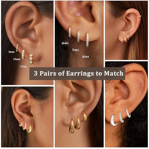 Detalle de AVOTTO 3 Pairs S925 Silver Earrings – Small Huggie Hoop Set