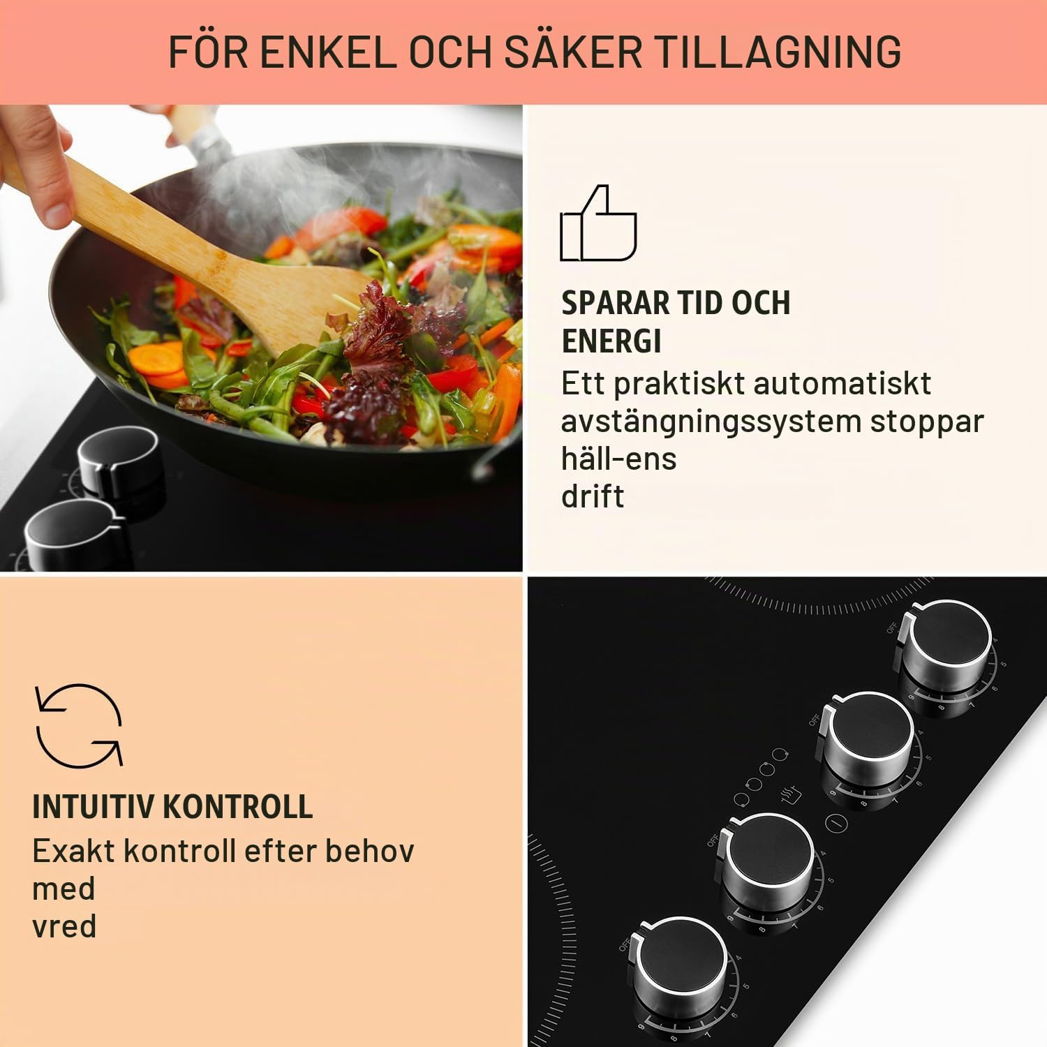 Detalle de Klarstein induktionshäll med 4 kokzoner, 6000 W och svart glaskeramik