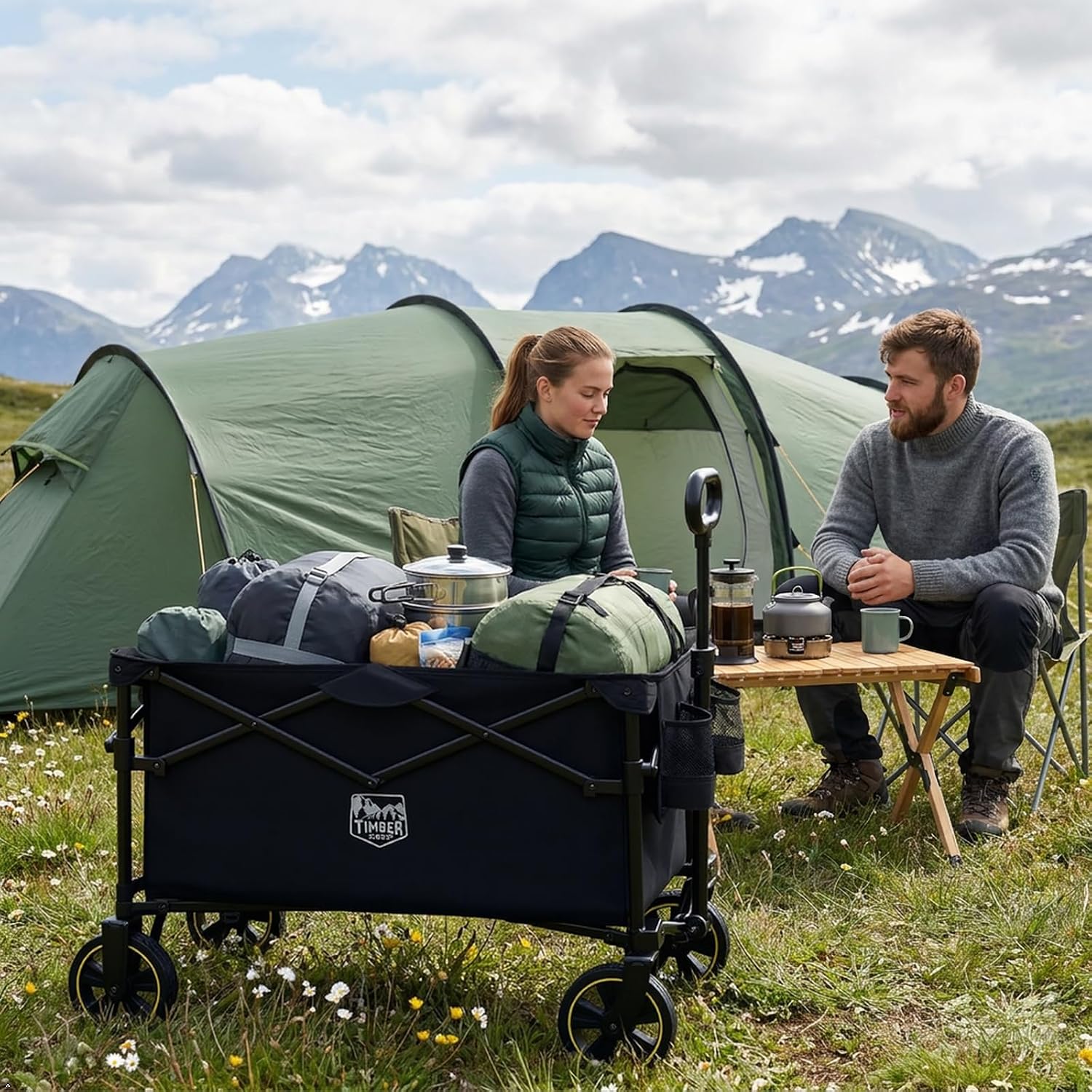 Detalle 2 de TIMBER RIDGE Bollerwagen Faltbar 200L mit Getränkehalter und verstellbarem Griff – Allround-Handwagen für Gelände