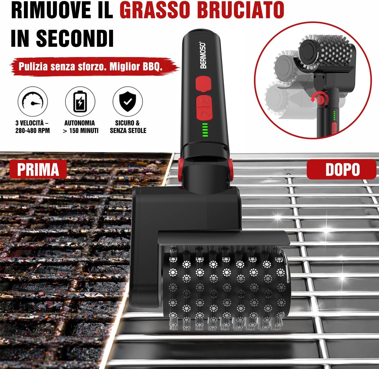 Thumbnail 1 de Spazzola Elettrica per Barbecue: pulizia rapida senza fili con 3 velocità e testine intercambiabili