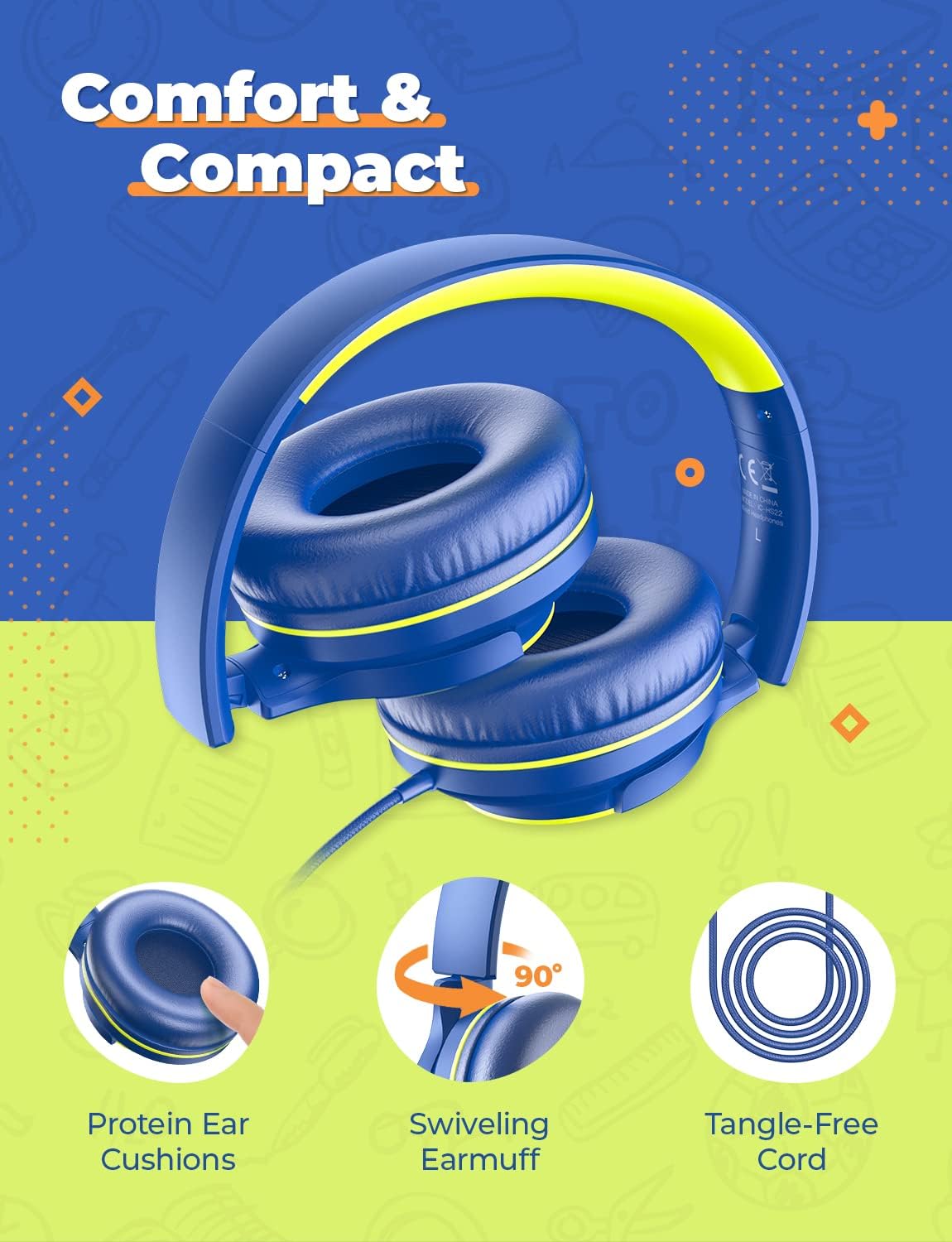 Detalle de iClever 2 Pack Kids Wired Headphones (85dBA volume limit) – foldable, adjustable headband