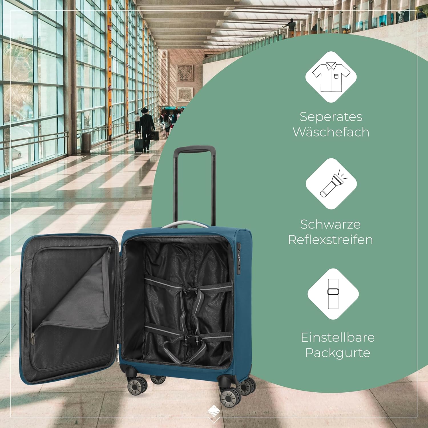 Detalle 2 de travelite Jetpack Handgepäckkoffer 55×40×20 cm (1,9 kg) mit 4 Rollen, Zahlenschloss & aufsteckbarem Trolley