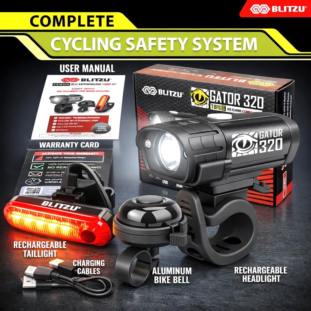 Detalle de BLITZU Gator 320 bike lights set (front headlight, rear taillight & bell) — USB-C rechargeable
