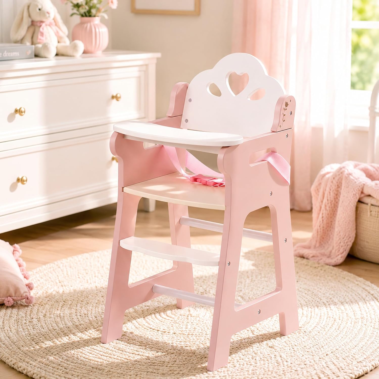 ROBOTIME Baby Puppen Hochstuhl aus Holz – Rosa, für Puppen bis 18 Zoll