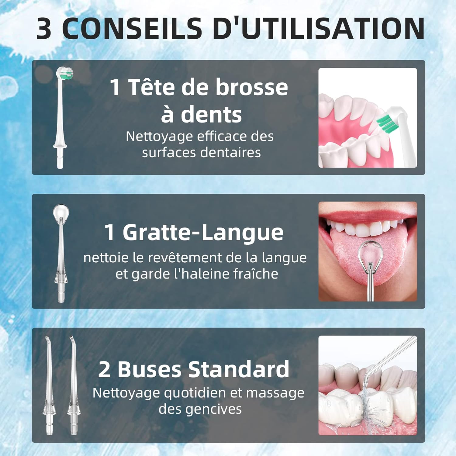Detalle de Jet Dentaire Hydropulseur Portable Sans Fil Rechargeable – 4 modes, 310 ml, IPX7, 60 Jours d’autonomie