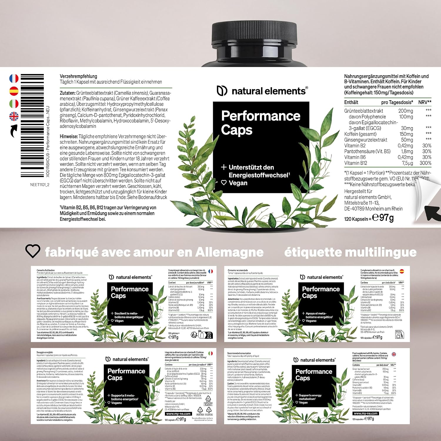 Thumbnail 1 de Performance Caps – 120 gélules de caféine végétale (thé vert, guarana, café vert) + vitamines B, véganes