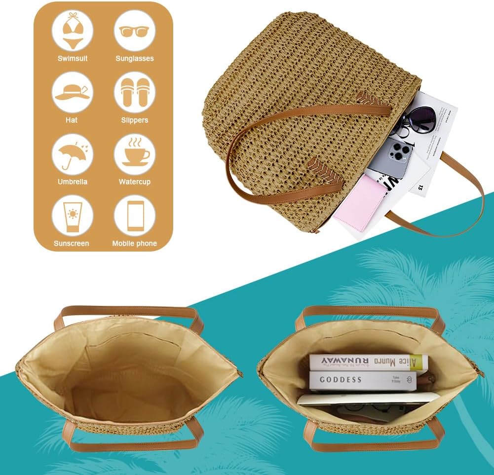 Detalle de Aucuu Sac à bandoulière en paille pour femme – grand sac de plage polyvalent