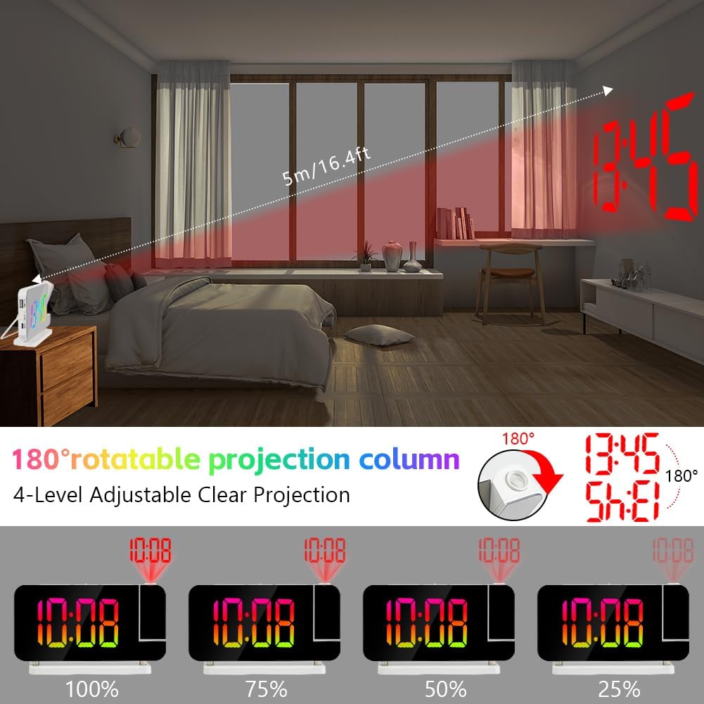 Detalle de Adiwo Réveil à Projection 180° – Horloge LED avec Projecteur au plafond et lumière ambiante RVB