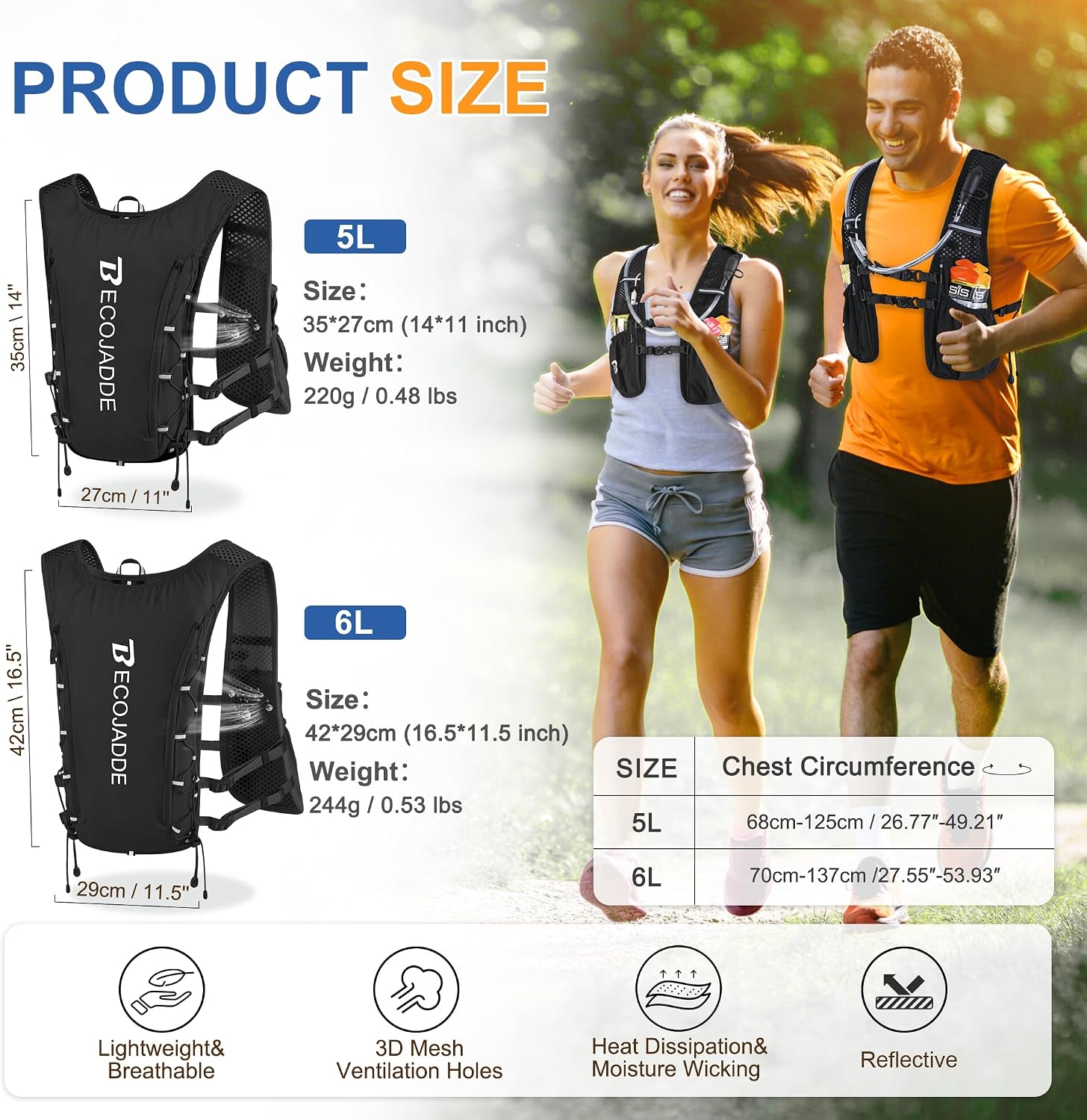 Detalle de Becojadde 5L/6L Hydration Running Vest: Lightweight Water Backpack for Marathon, Trail, Cycling & Hiking