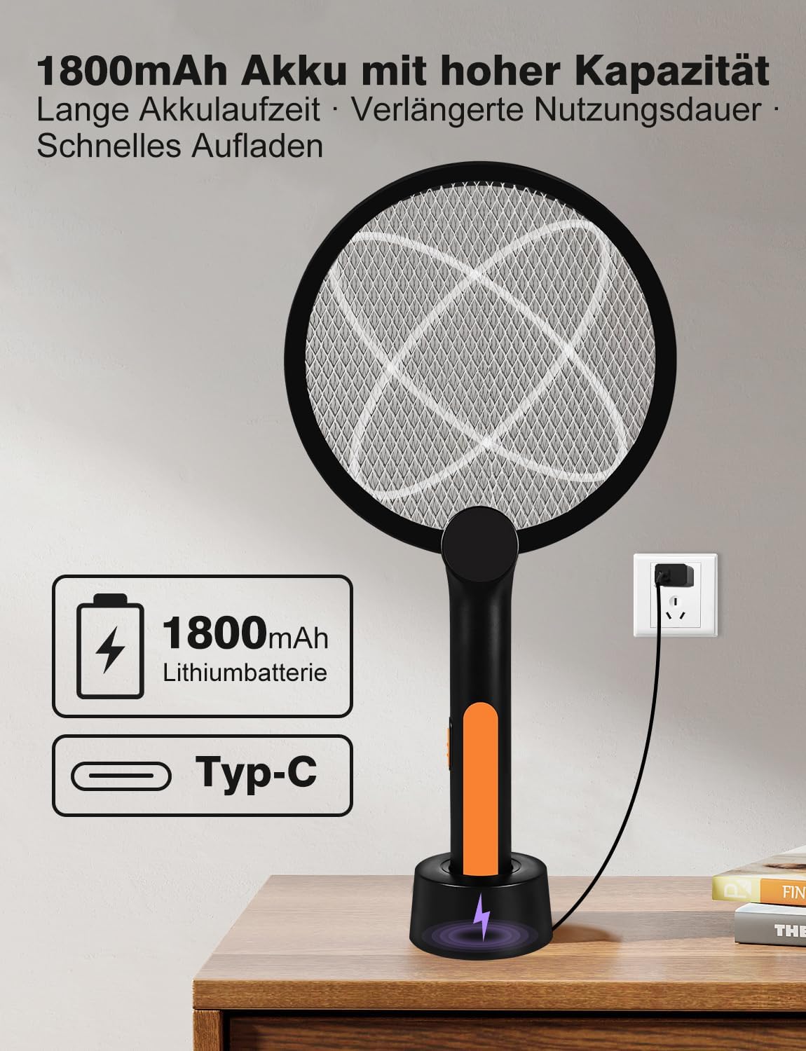 Thumbnail 1 de Bavmosek 4000V Elektrische Fliegenklatsche mit Ladestation – 2 in 1 USB, 1800 mAh Akku