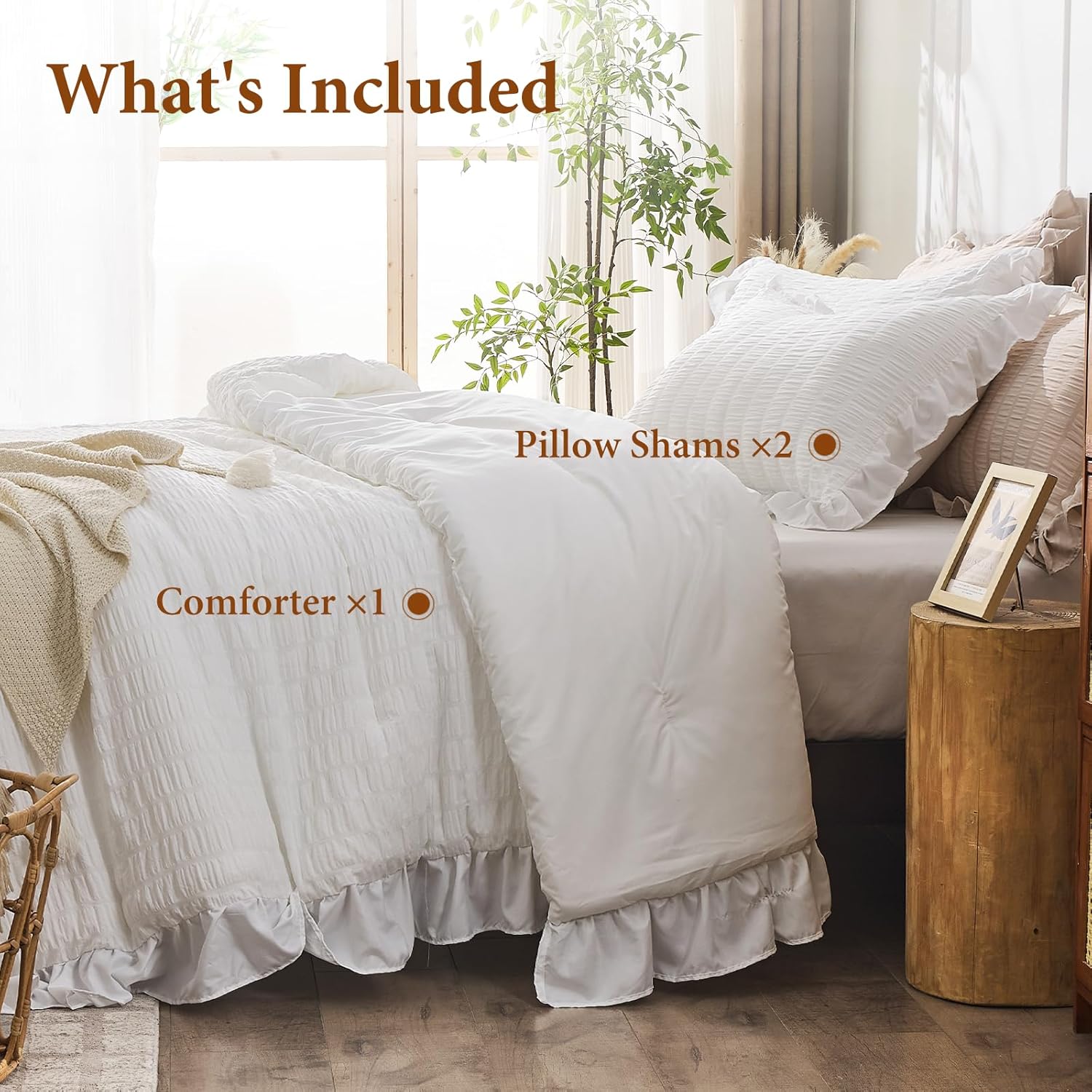 Thumbnail 6 de JOLLYVOGUE White Comforters Queen Size Ruffle Seersucker Set (3-Piece)