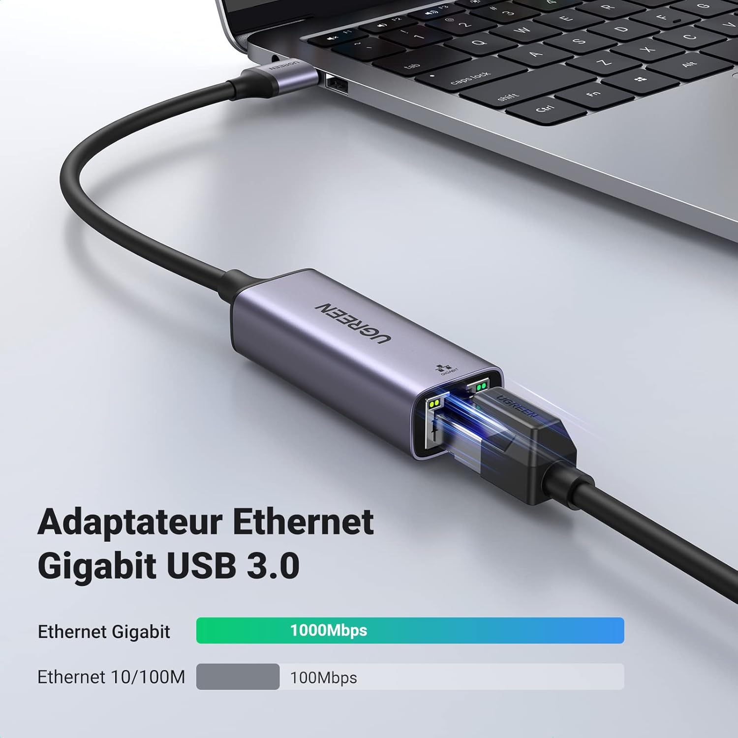 Thumbnail 1 de UGREEN Adaptateur USB vers Ethernet Gigabit 1000 Mbps RJ45 (USB 3.0, Plug & Play) — Gris