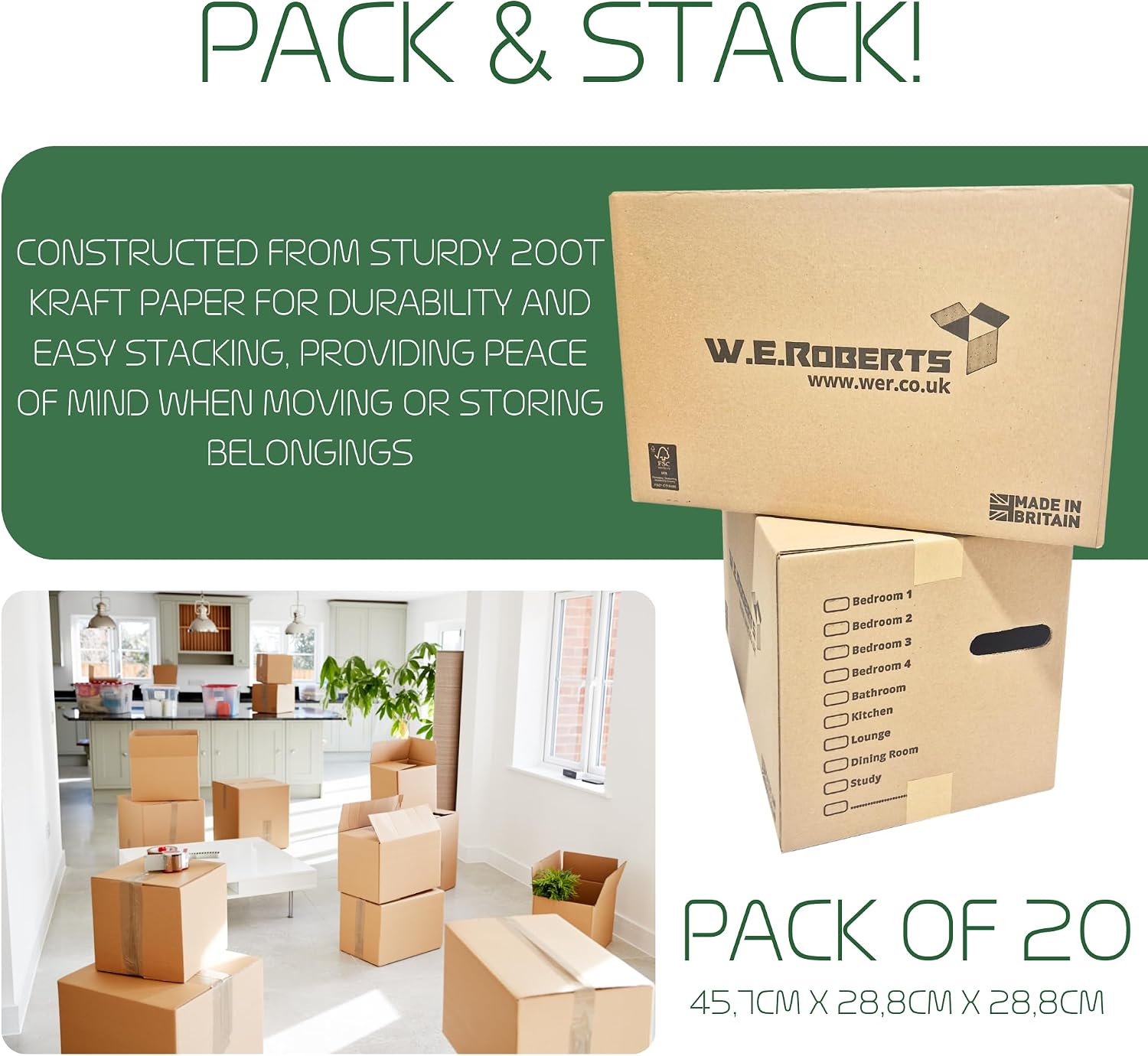 Detalle de Moving Boxes x 20 Large Strong Cardboard Boxes by W.E. Roberts – 45.7 x 28.8 x 28.8 cm, with Handles and Room List