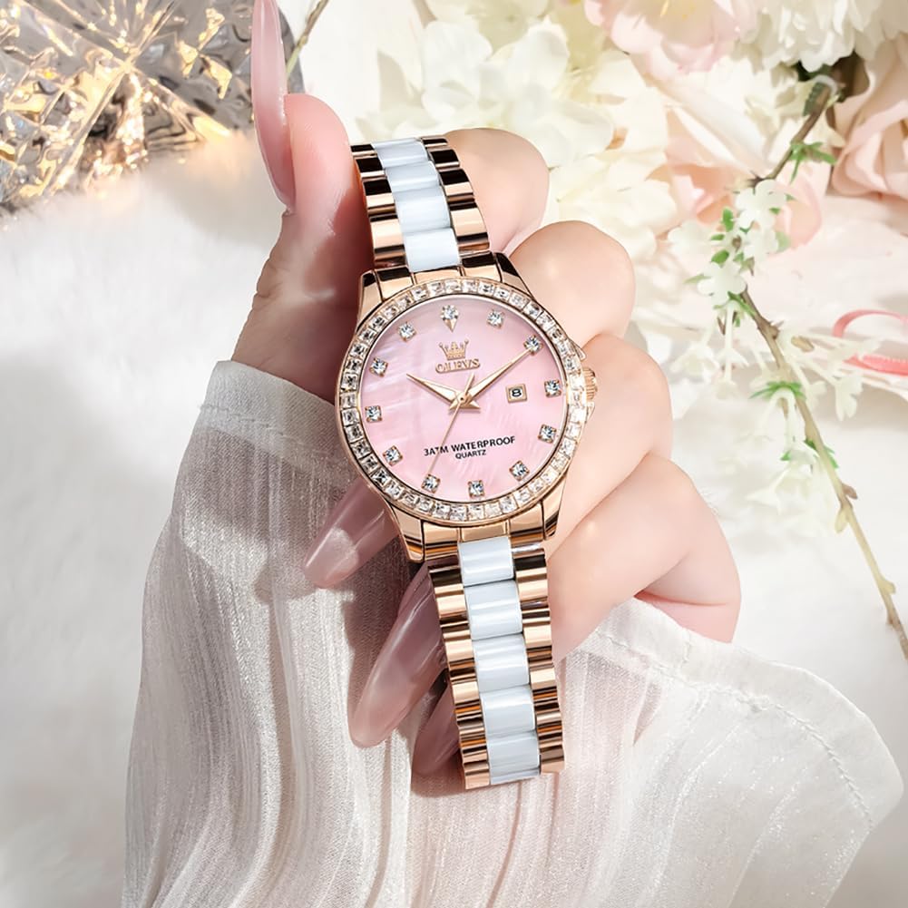 Thumbnail 2 de OLEVS Damen-Diamantuhr Elegante Luxus-Armbanduhr mit Roségoldkäfig und Keramikglas