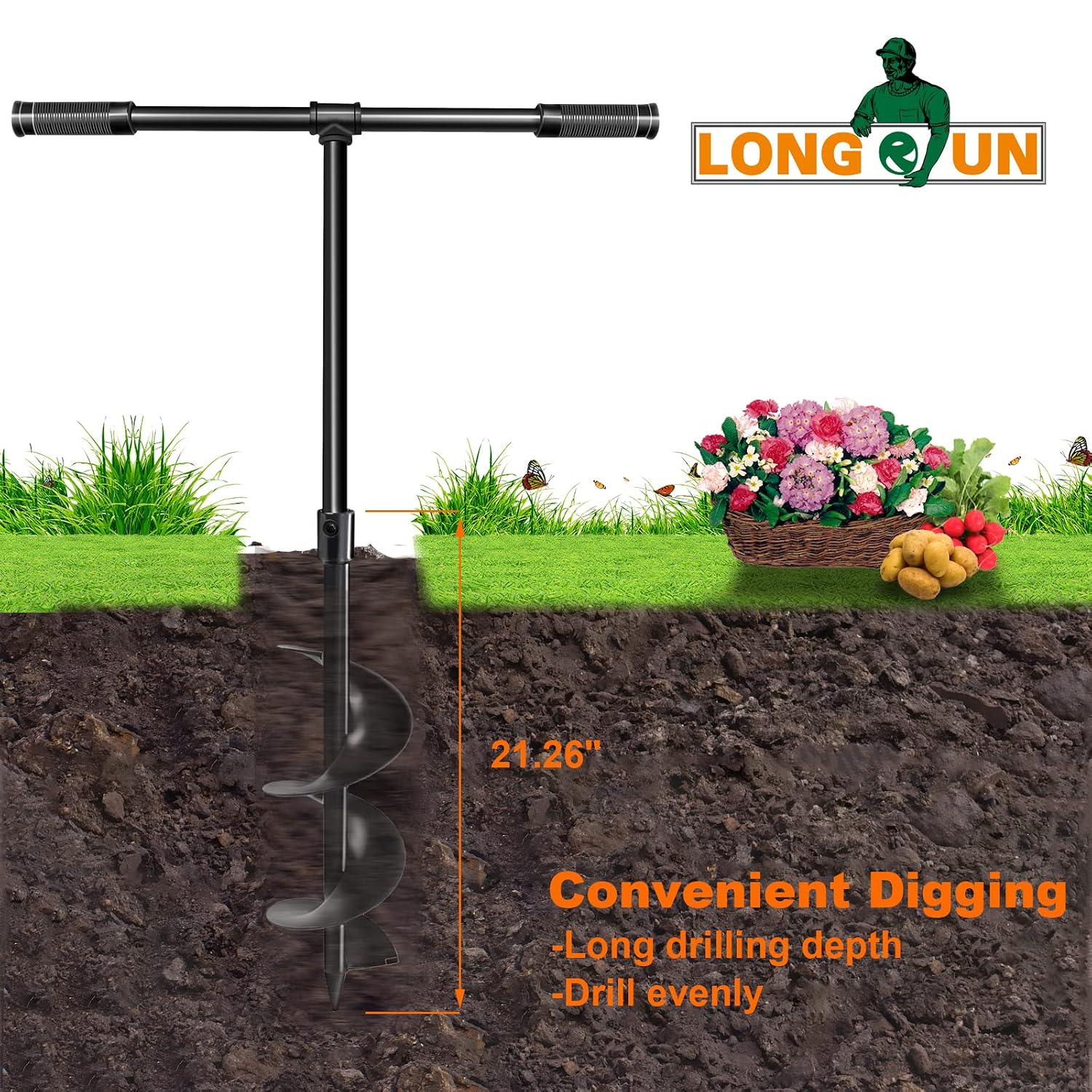 Detalle 2 de LONGRUN 460dg Manual Garden Auger, 4- and 6-Inch Alloy-Steel Bits