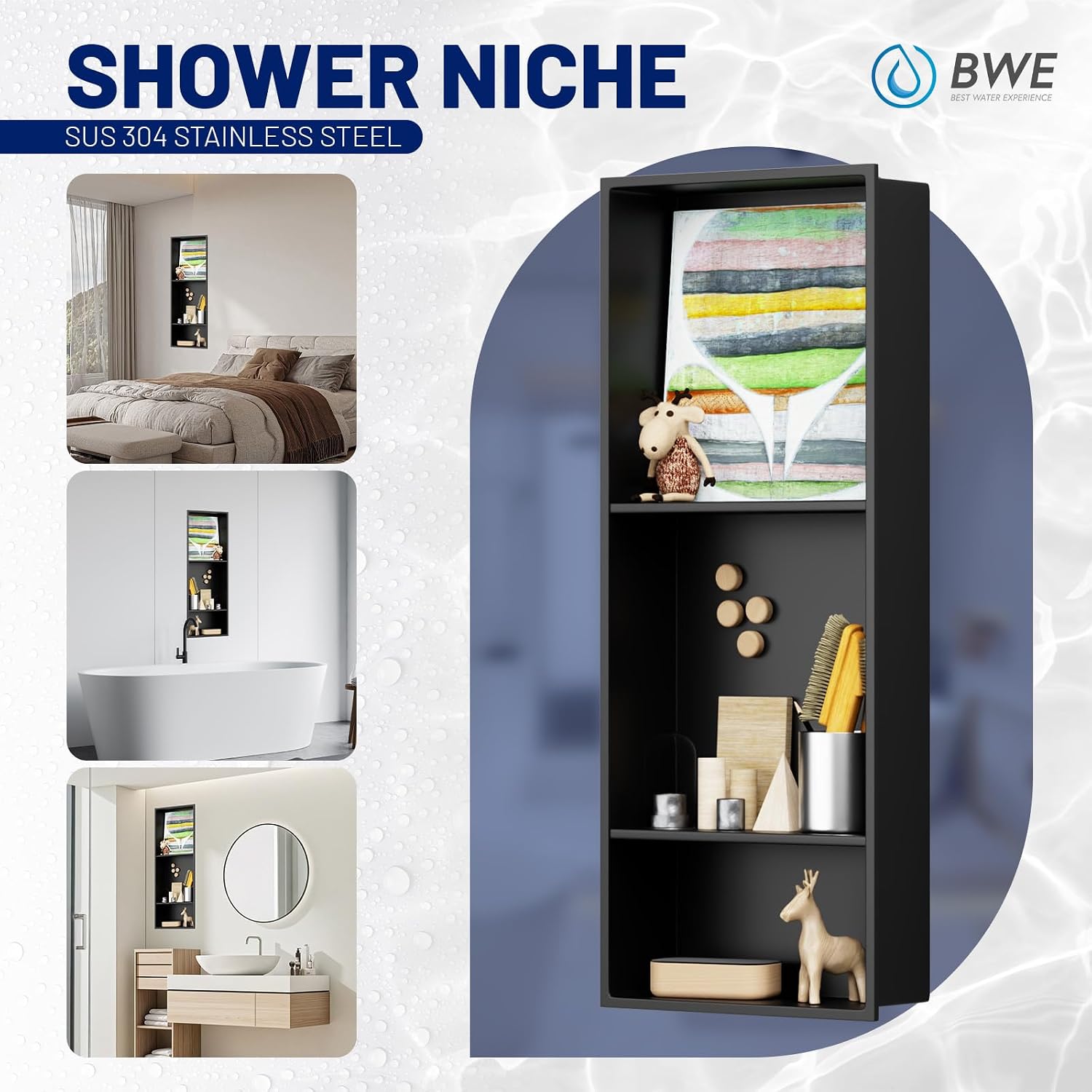 Detalle 2 de BWE 1126-N Stainless Steel Shower Niche, 3-Tier, Brushed Nickel