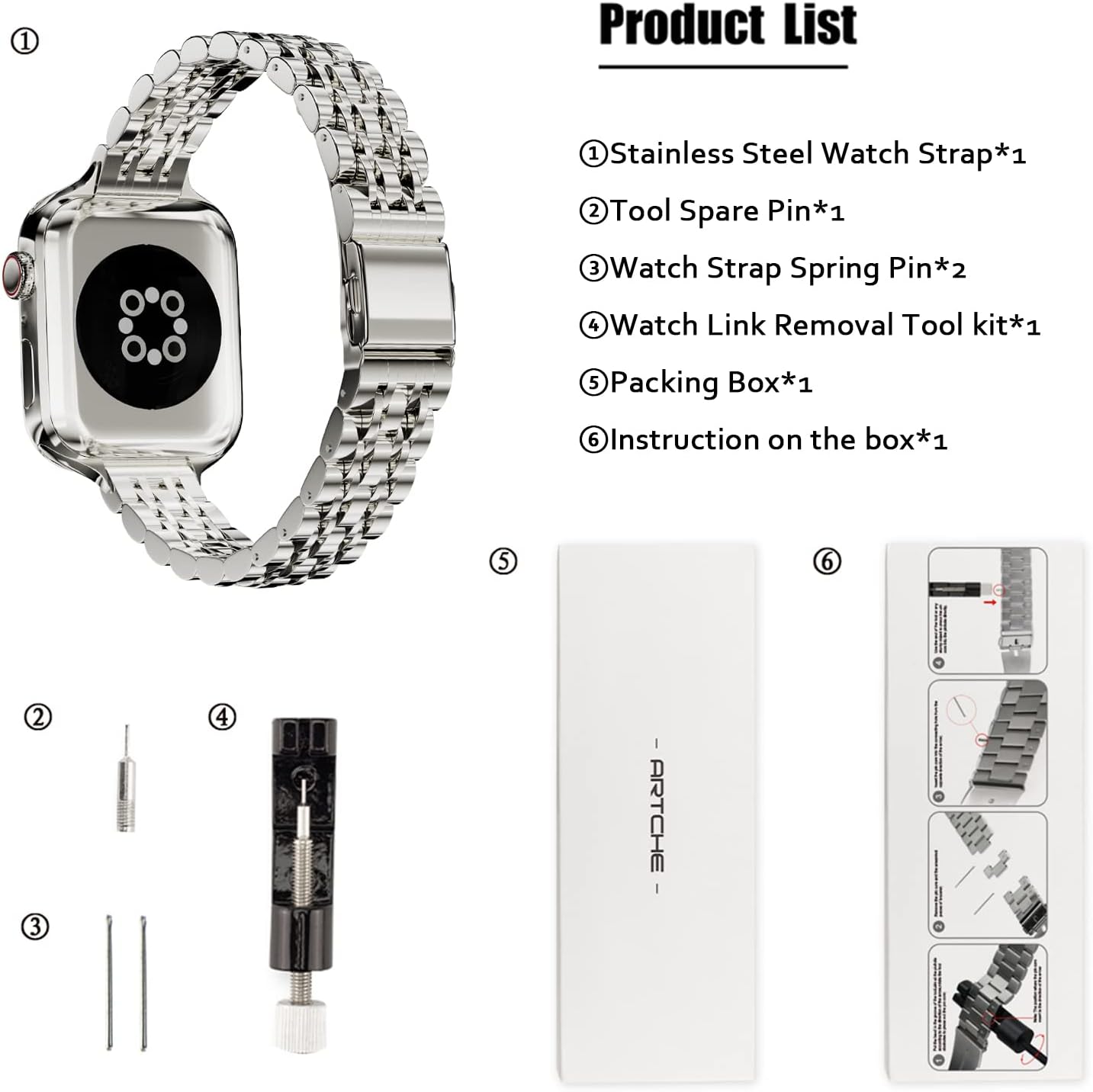 Thumbnail 6 de ARTCHE Slim Watch Strap for Apple Watch (40–42mm) in Silver – Slim Stainless Steel, Adjustable for Women