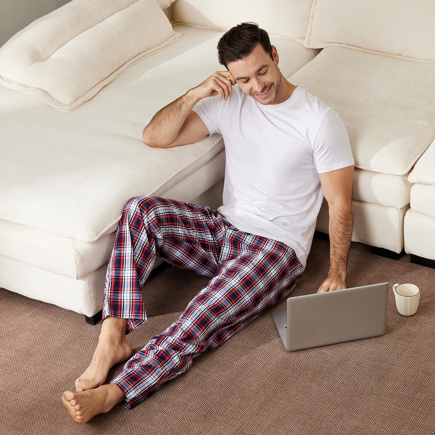 Detalle 2 de MoFiz Men’s Ultra Lightweight Cotton Plaid Pajama Pants (3-Pack) with Drawstring & Pockets