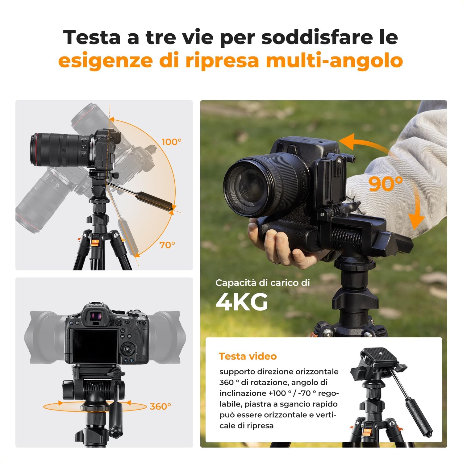 Detalle 2 de K&F Concept Treppiede Fotocamera 196 cm con Testa BV01 a 3 Vie – Supporto DSLR/Smartphone