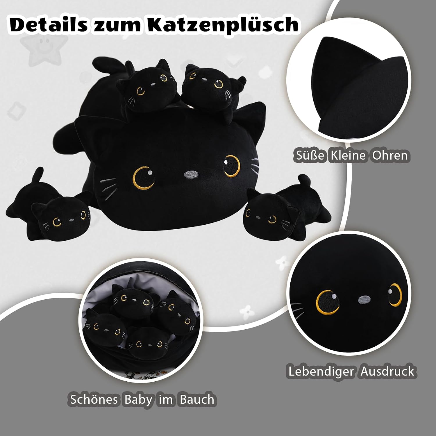 Thumbnail 4 de SQEQE Black Cat Plush – 5-in-1 giant cat pillow with removable 4 baby kittens