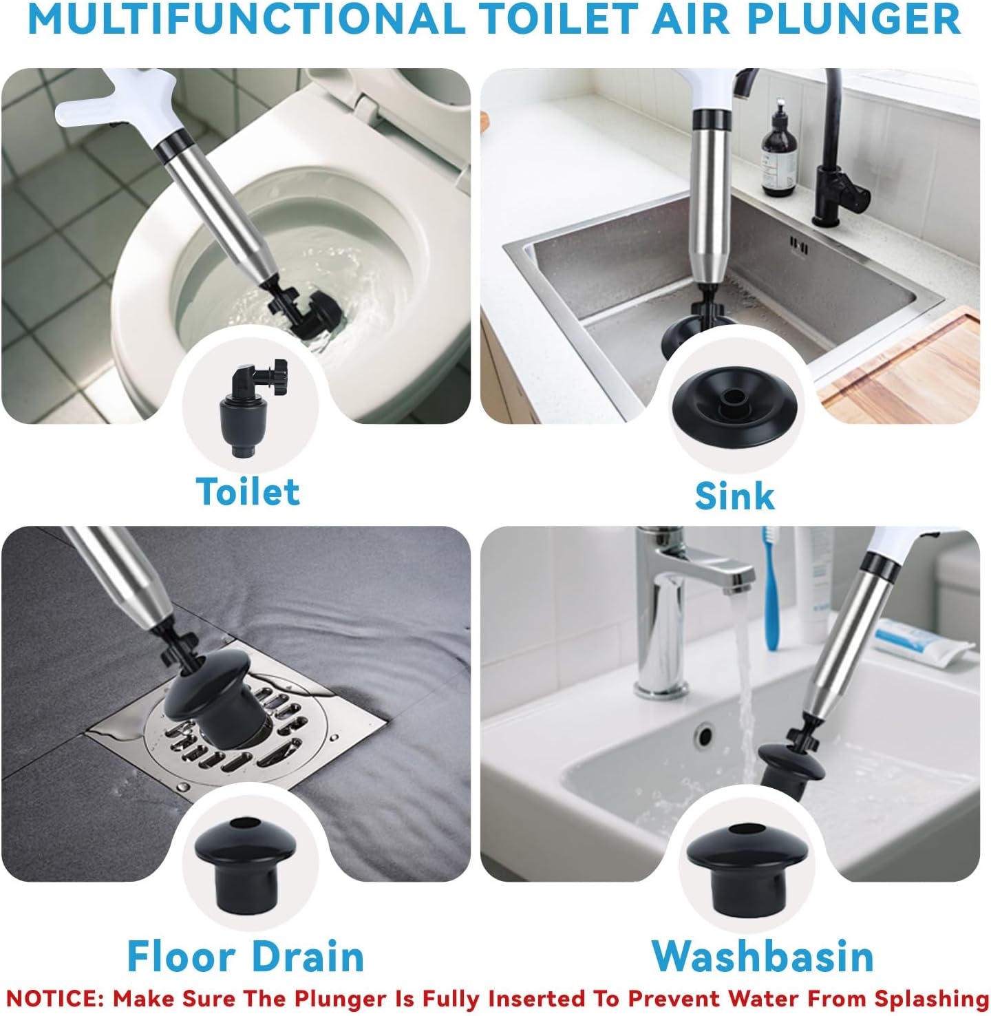 Detalle 2 de Pulitore Tubi ad Alta Pressione (4 Adattatori) – Sgorgatore ad Aria con Manometro per Lavandini, Toilette, Docce e Cucina