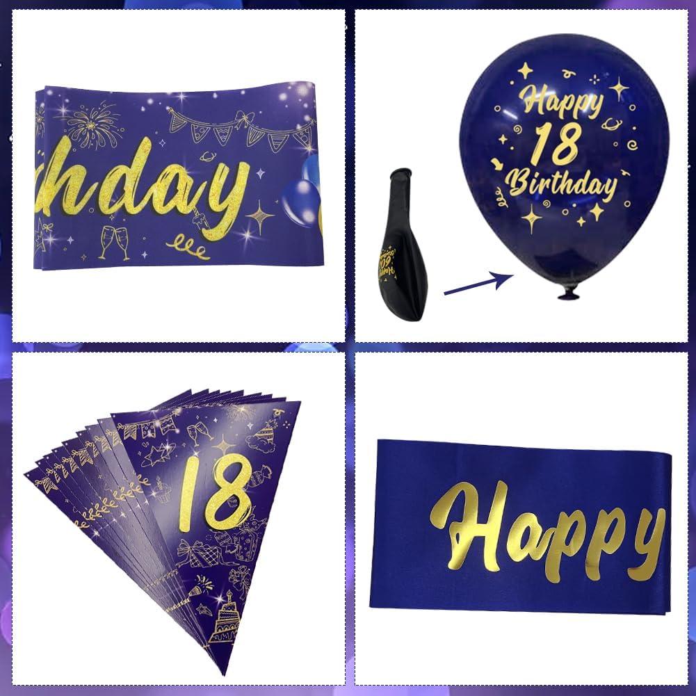 Thumbnail 2 de Navy Blue & Gold 18th Birthday Decorations for Men – Triangular Flags, Balloons & More