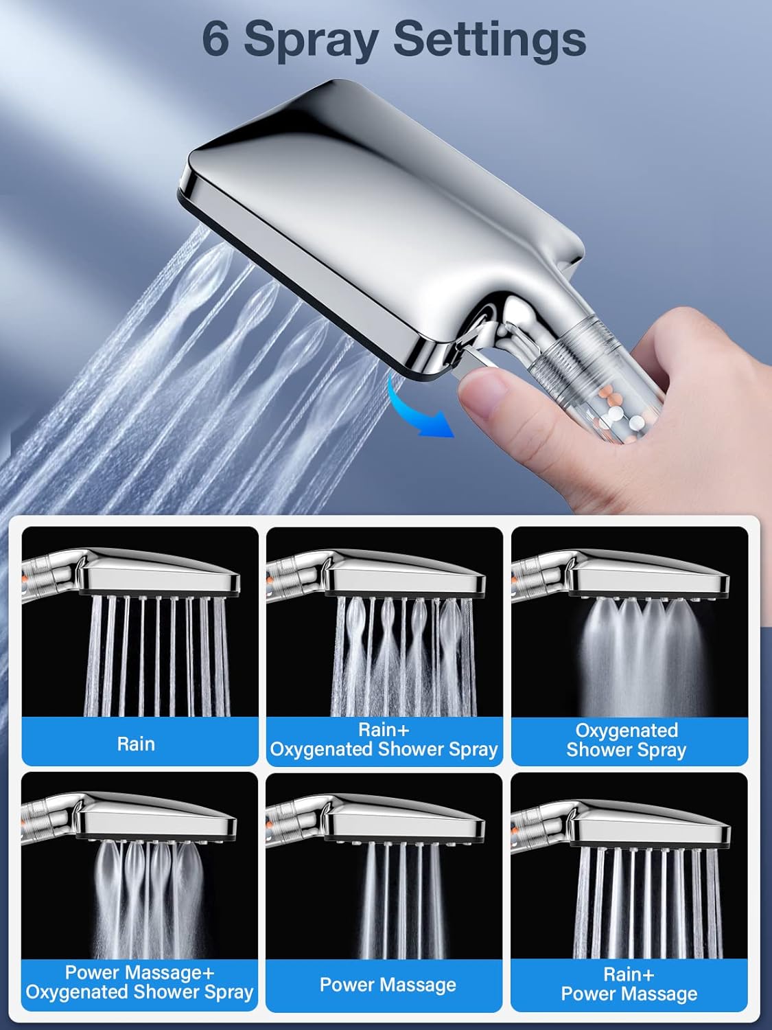 Thumbnail 4 de YEAUPE PRO Square High Pressure Shower Head with Filter, 1.6m Hose – 6 Modes