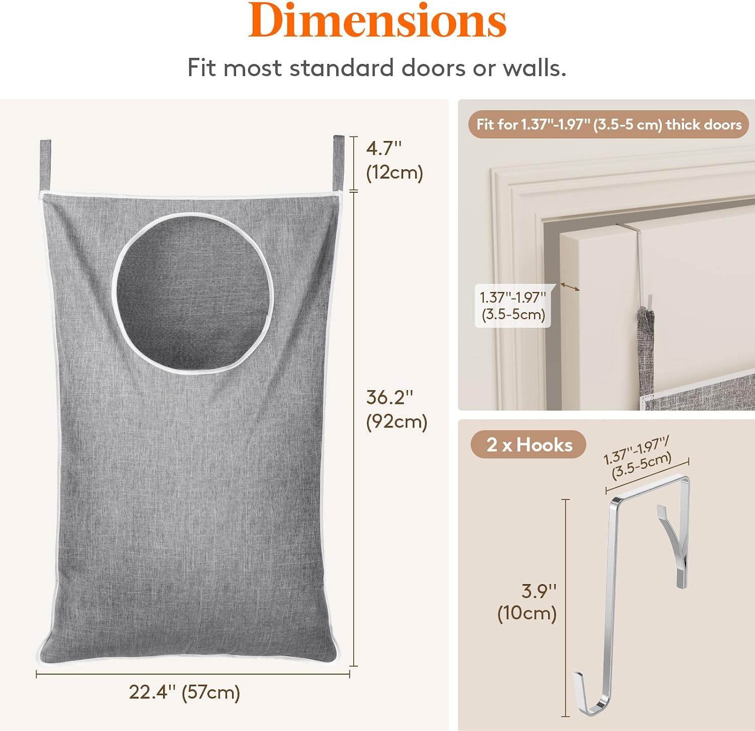 Detalle de Lifewit 24411 Hanging Laundry Hamper, Foldable, Light Grey, 92 x 57 cm