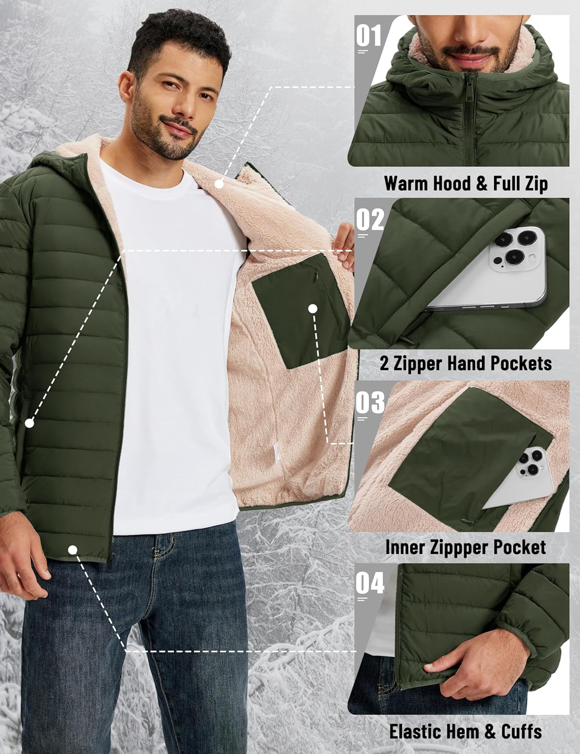 Detalle 2 de TACVASEN Men's Hooded Sherpa-Lined Puffer Jacket, Water-Resistant Polyester