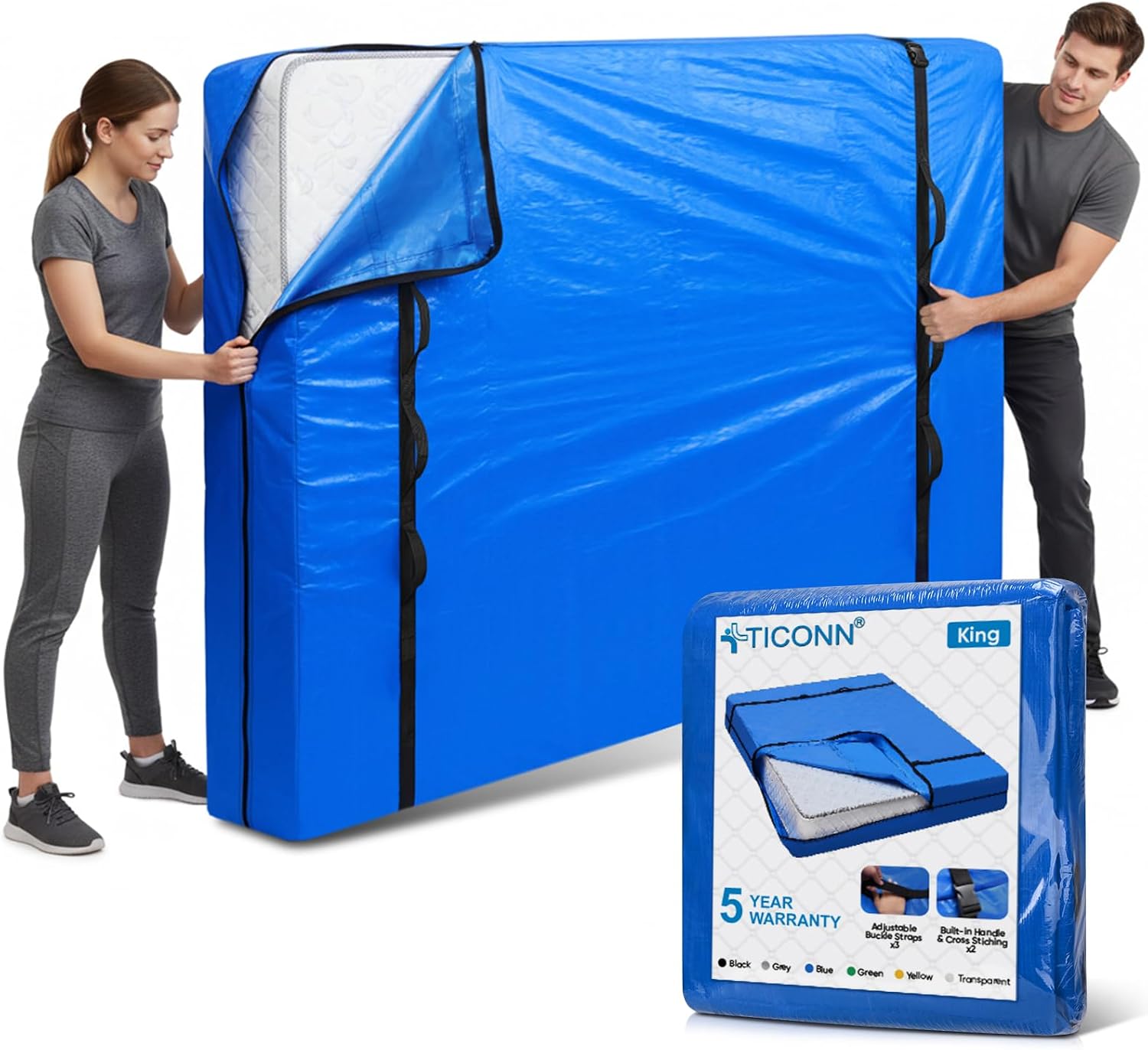 Detalle de TICONN King Mattress Moving Bag, Blue Water-Resistant Tarpaulin with Handles