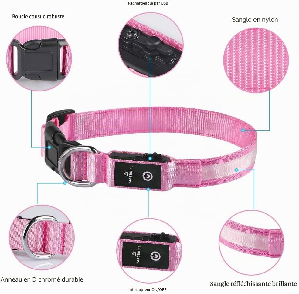 Detalle de MASBRILL Collier Lumineux pour Chien Rechargeable – LED Waterproof, 3 Modes, Taille M