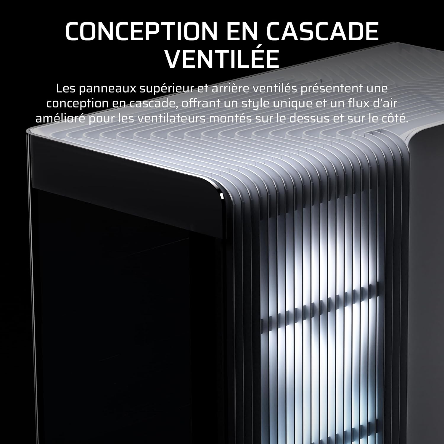 Detalle de CORSAIR Frame 4500X LX-R RGB Link – boîtier moyen-tour blanc avec verre panoramique et système InfiniRail