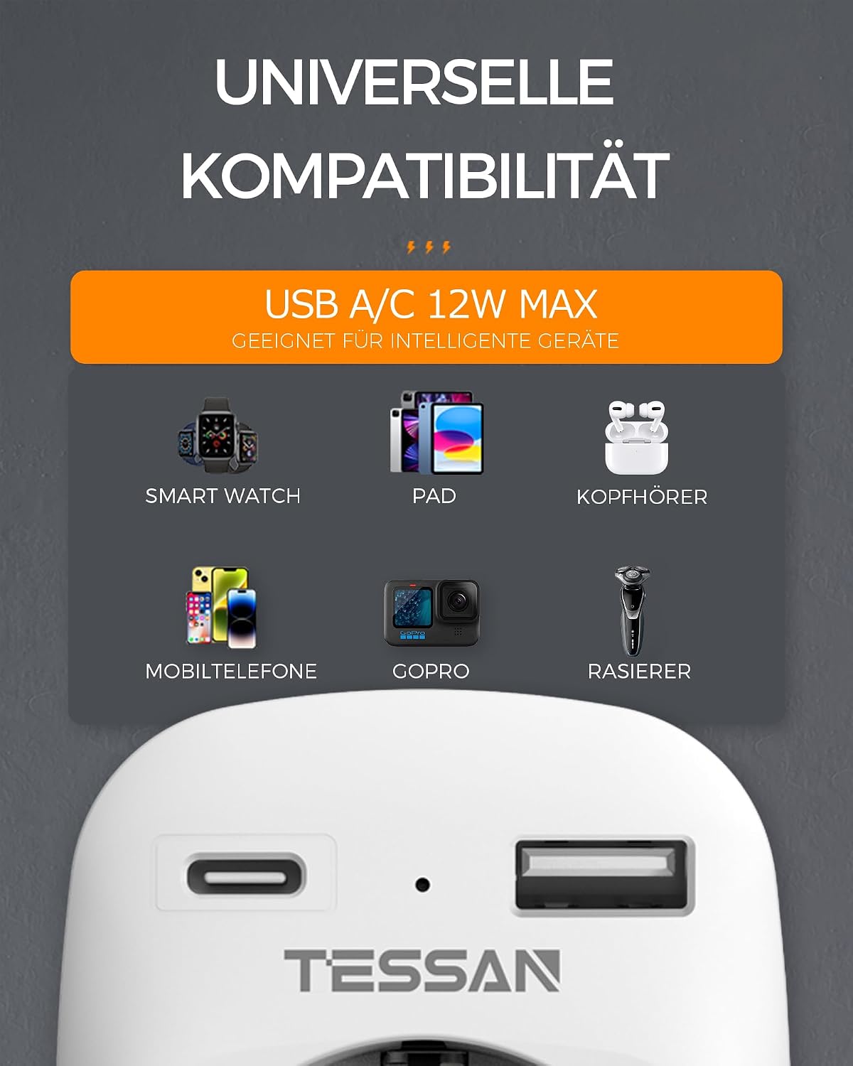 Thumbnail 6 de TESSAN 2er Pack Reiseadapter England Deutschland – 3-in-1 UK Stecker mit USB-C und USB-A, 3250 W, kompakt
