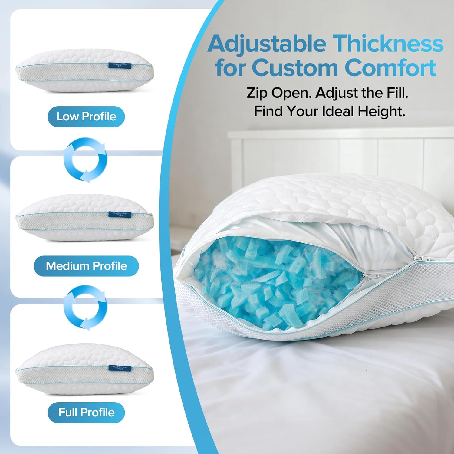 Thumbnail 4 de Hapiclody Shredded Memory Foam Pillows 2 Pack – Adjustable Firmness with Bamboo Cover (70 x 45cm)